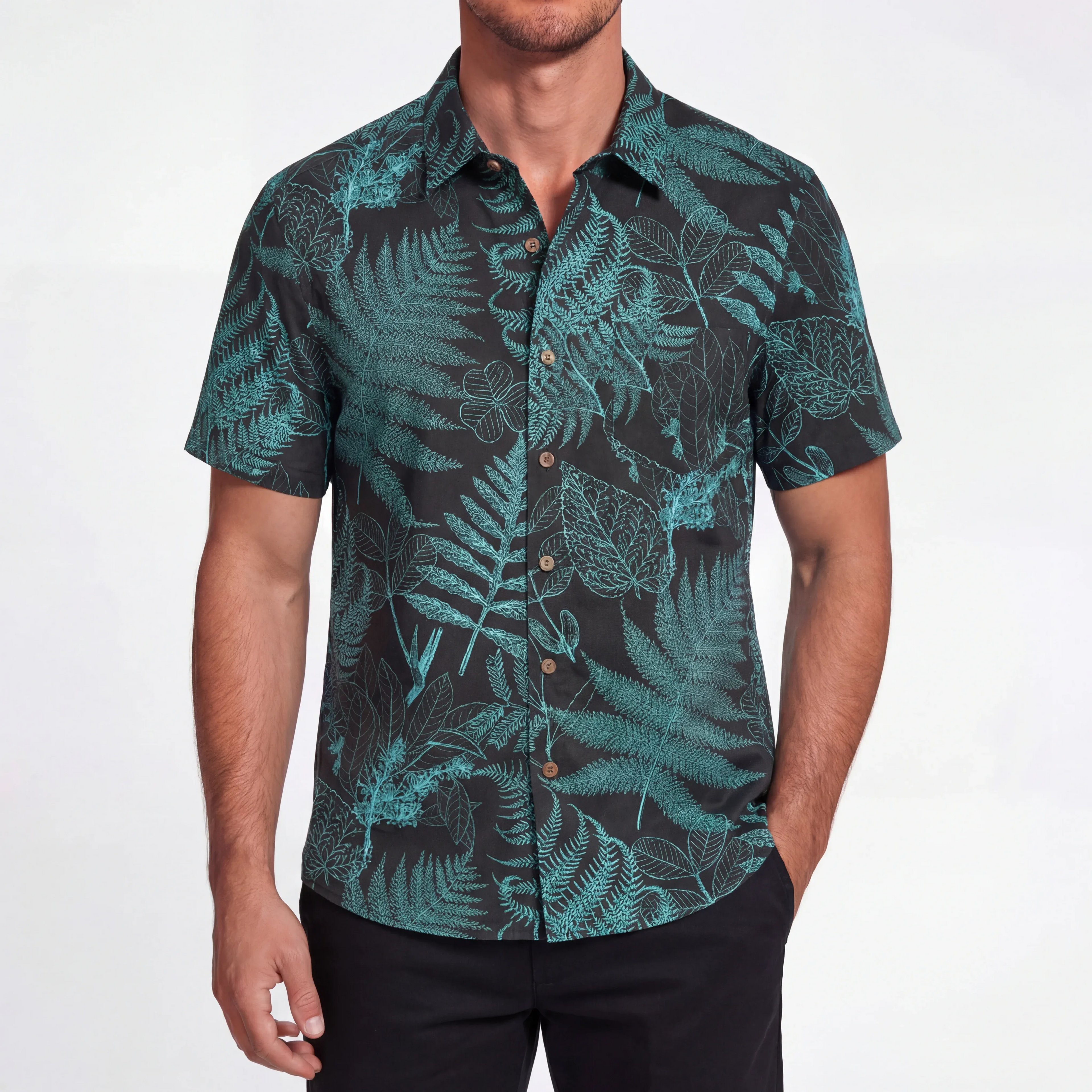 LeosWare® Men's Hawaiian Shirt Short Sleeve Button-up 100% Cotton Blue Aloha Hidden Forest Fern