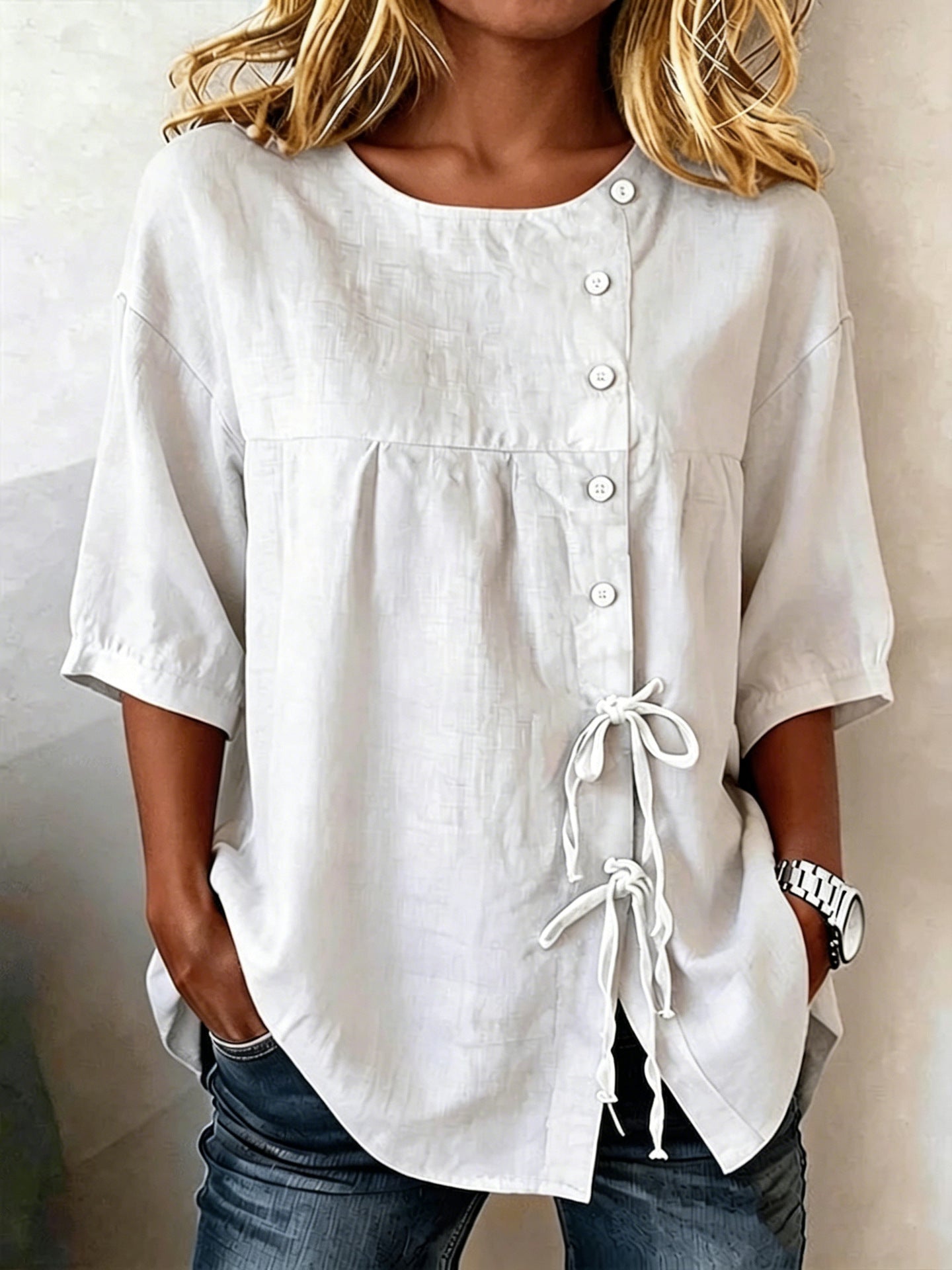 Women's Linen Lace-Up Button Shirt – 3/4 Sleeve Asymmetric