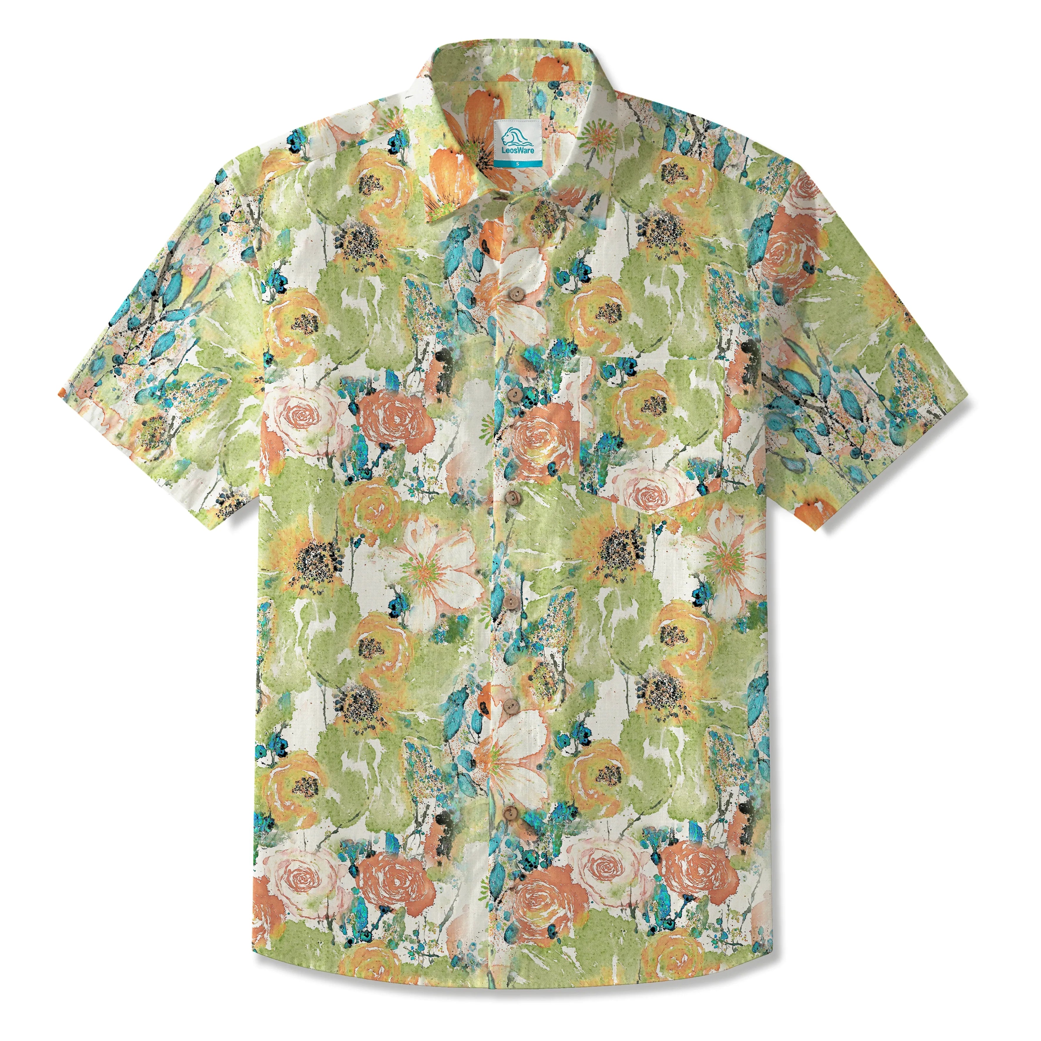 LeosWare® Men's Hawaiian Shirt Short Sleeve Button-up 100% Cotton Green Aloha Fresh Natural Impressions