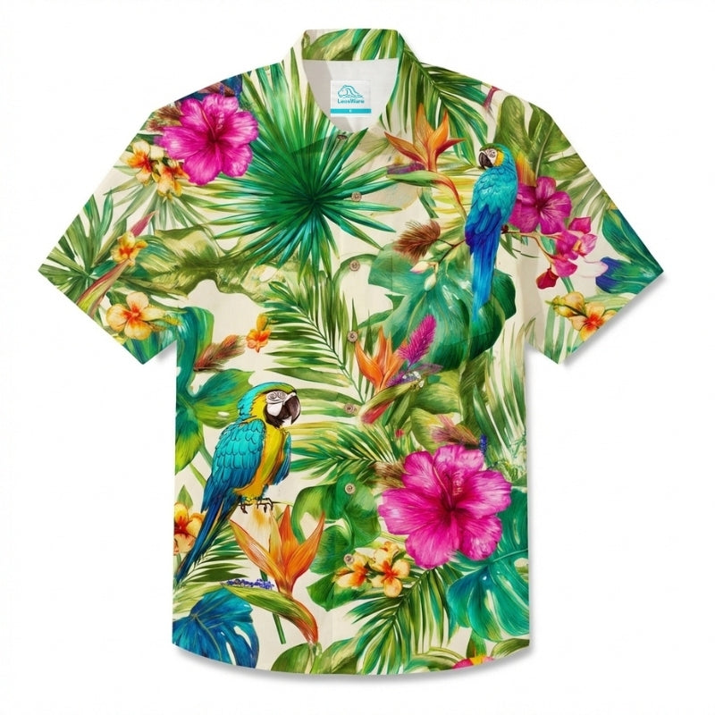 LeosWare® Men's Hawaiian Shirt Short Sleeve Button-up Breathable & Quick-Dry Aloha Macaw Haven