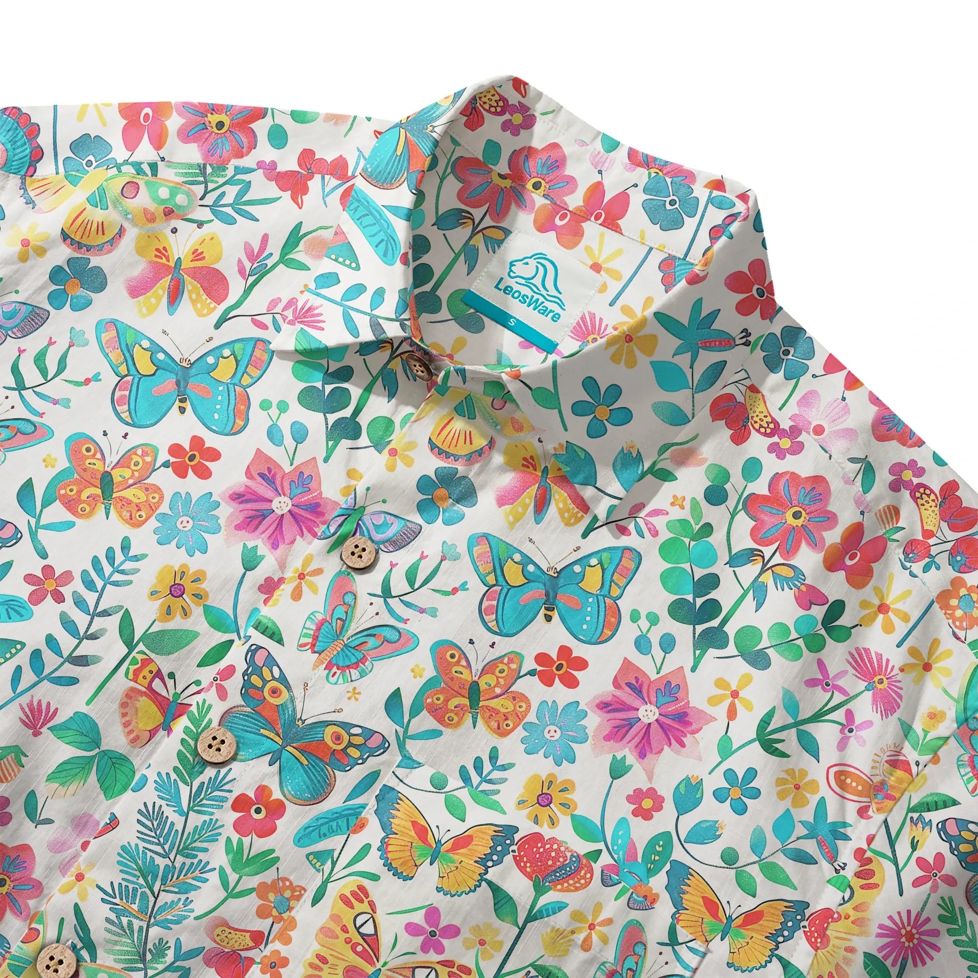 LeosWare® Men's Hawaiian Shirt Short Sleeve Button-up 100% Cotton Blue Aloha Dance Of The Butterfly Blossom Collection
