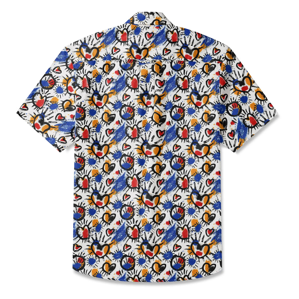 LeosWare® Men's Hawaiian Shirt Short Sleeve Button-up 100% Cotton White Aloha Color Clash Heart Mango