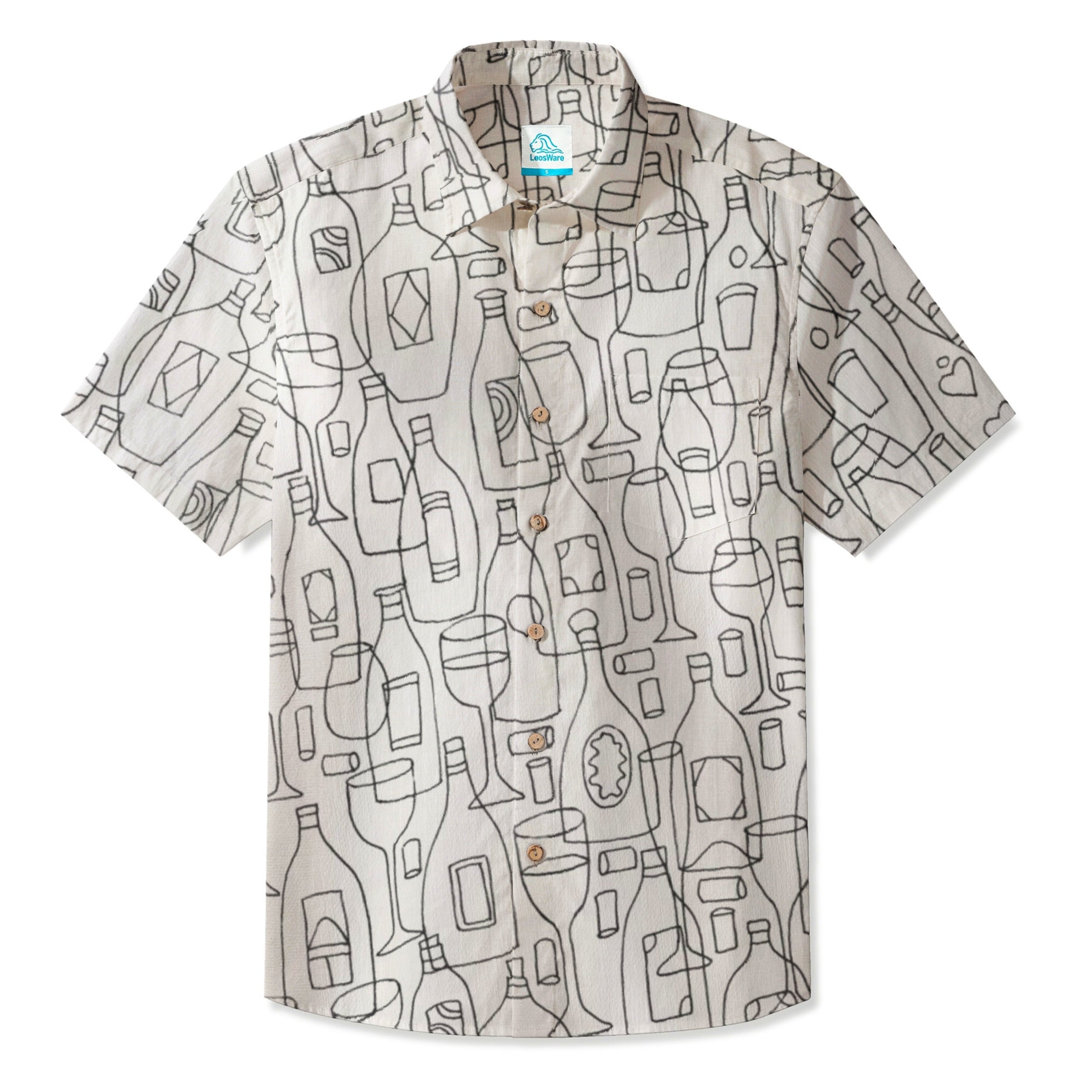 LeosWare® Men's Hawaiian Shirt Short Sleeve Button-up Breathable & Quick-Dry Aloha Wine O'clock
