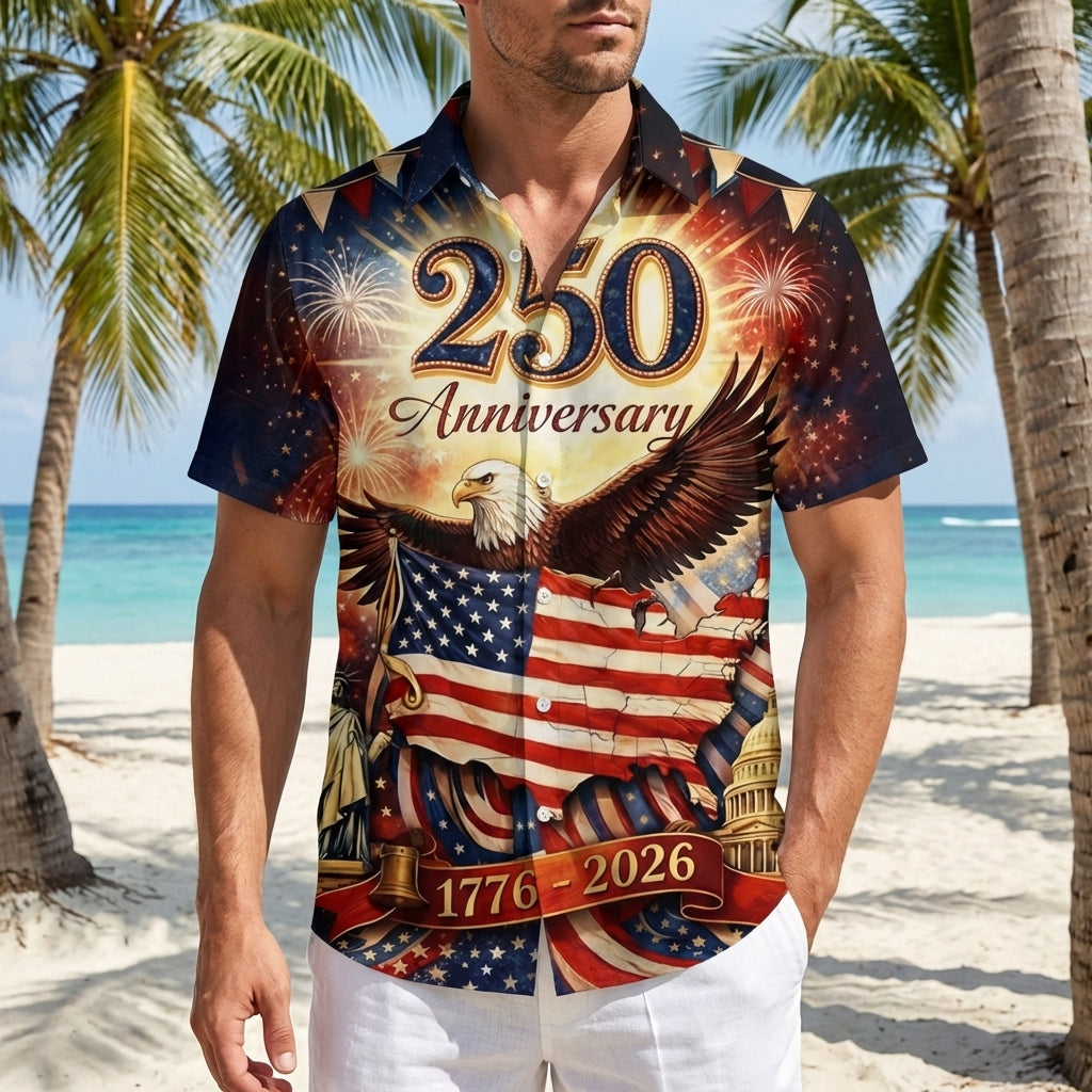 LeosWare® Men's Hawaiian Shirt Short Sleeve Button-up Breathable & Quick-Dry Aloha 250th Anniversary Of Us Independence Moisture-wicking Shirt