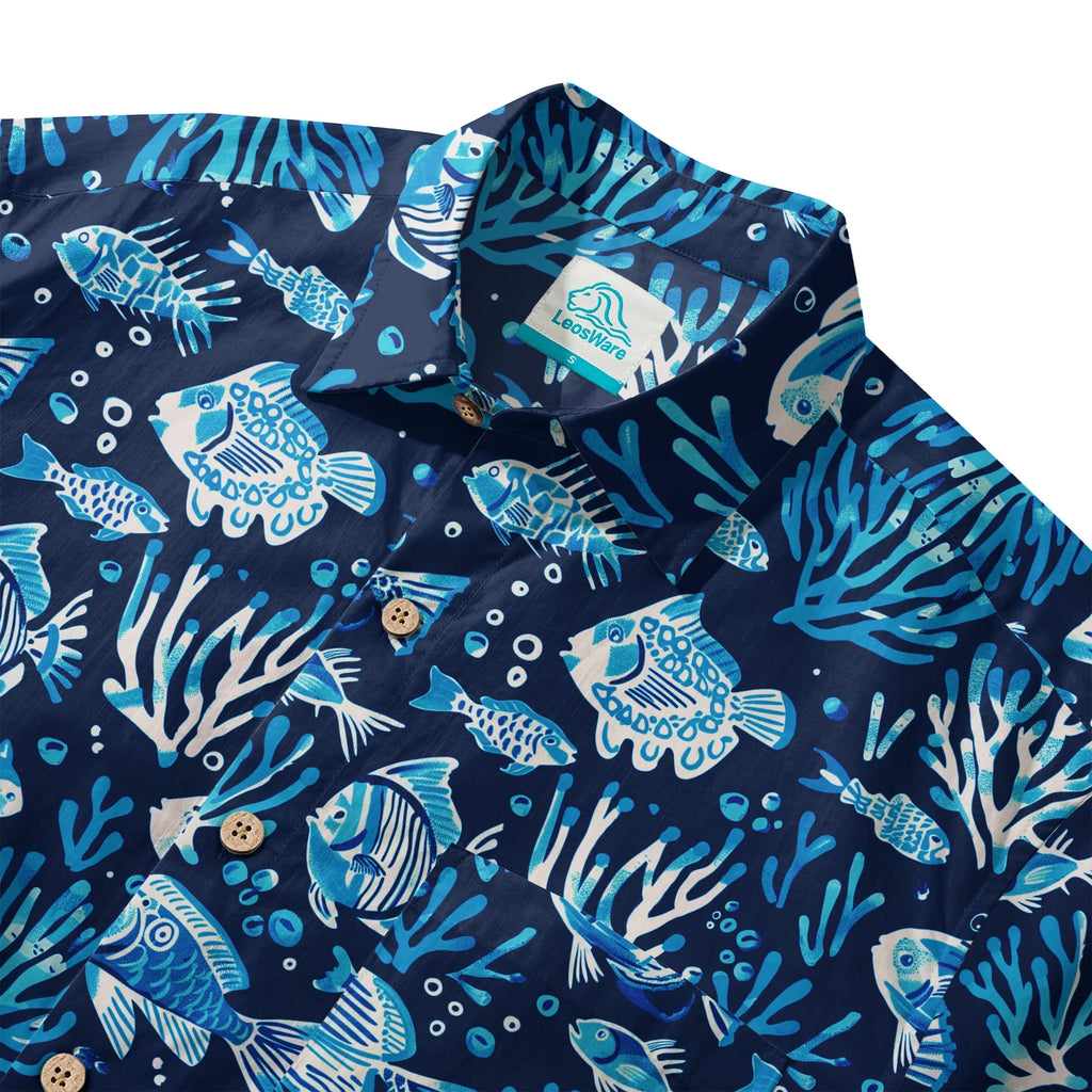 LeosWare® Men's Hawaiian Shirt Short Sleeve Button-up 100% Cotton Blue Coral Aloha Deep Blue Fish Whisper