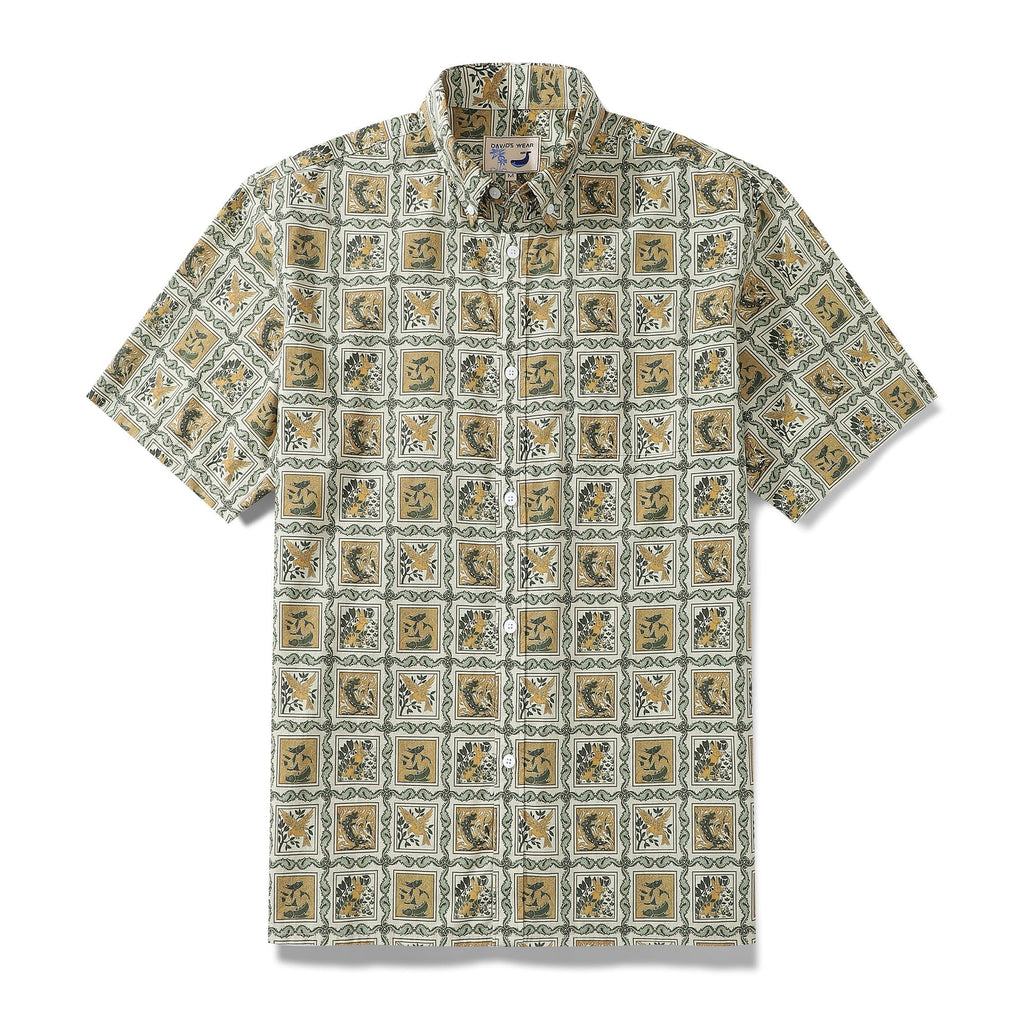Men's Hawaiian Seahorse Grid and Animal Print 100% Cotton Short Sleeve Shirt - Orange