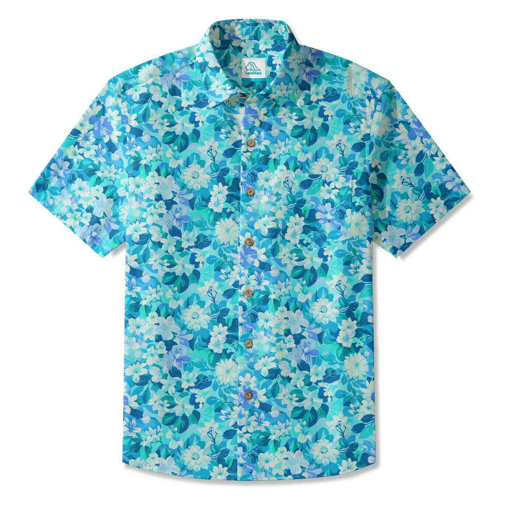 LeosWare® Flower Men's Hawaiian Shirt Short Sleeve Button-up 100% Cotton Blue Aloha Blue Oasis