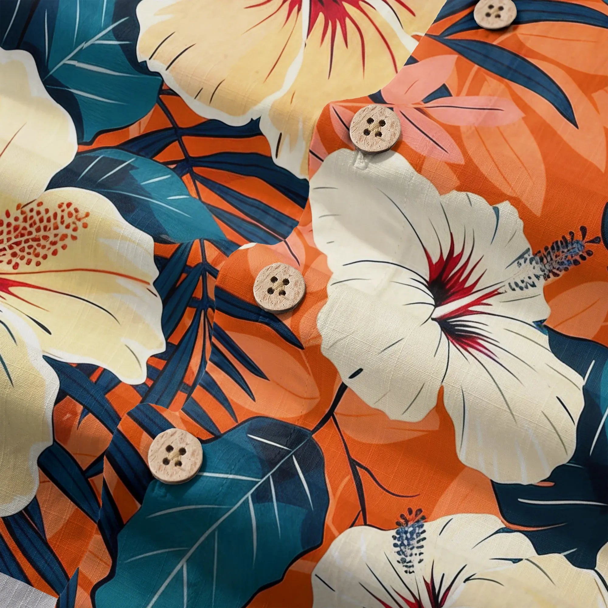 LeosWare® Men's Hawaiian Shirt Short Sleeve Button-up 100% Cotton Orange Aloha Blooming Orange Hibiscus