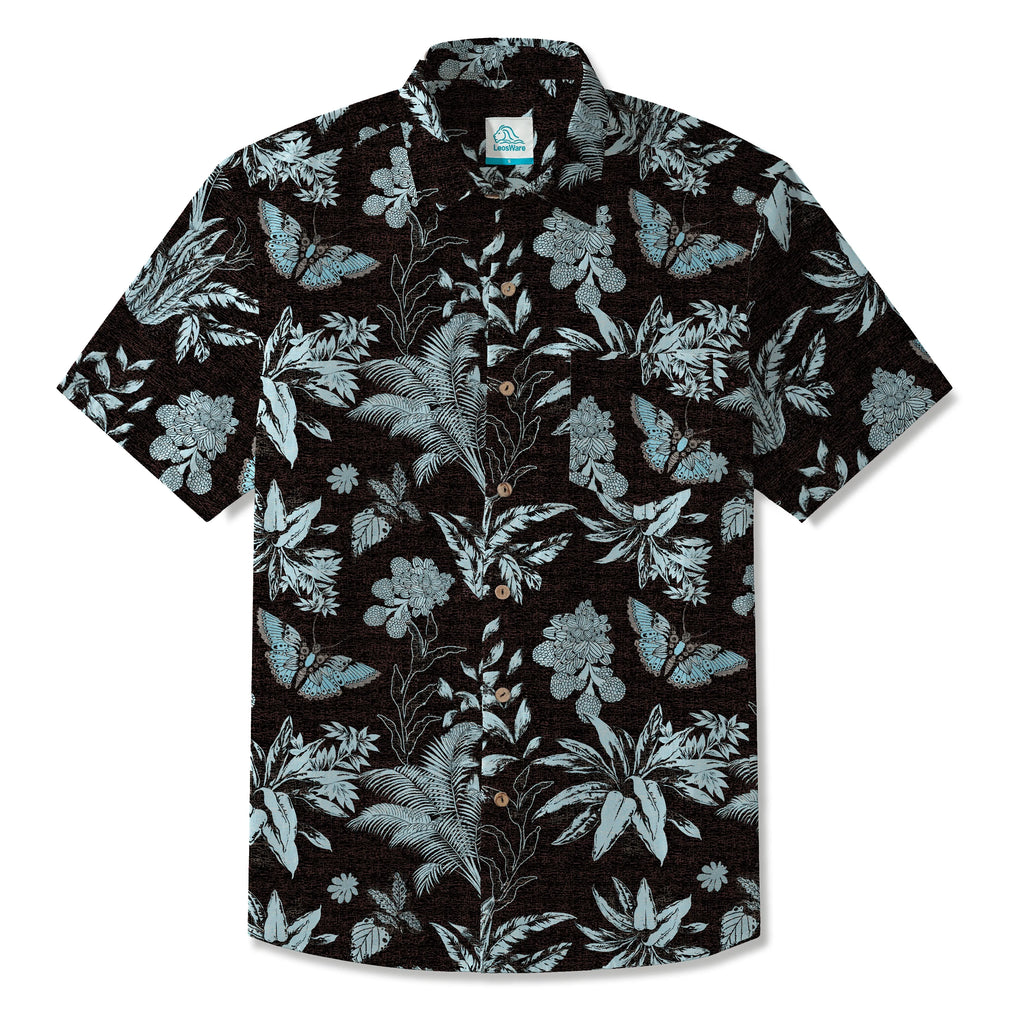 LeosWare® Men's Hawaiian Shirt Short Sleeve Button-up 100% Cotton Black Aloha Mystical Flowers And Butterflies