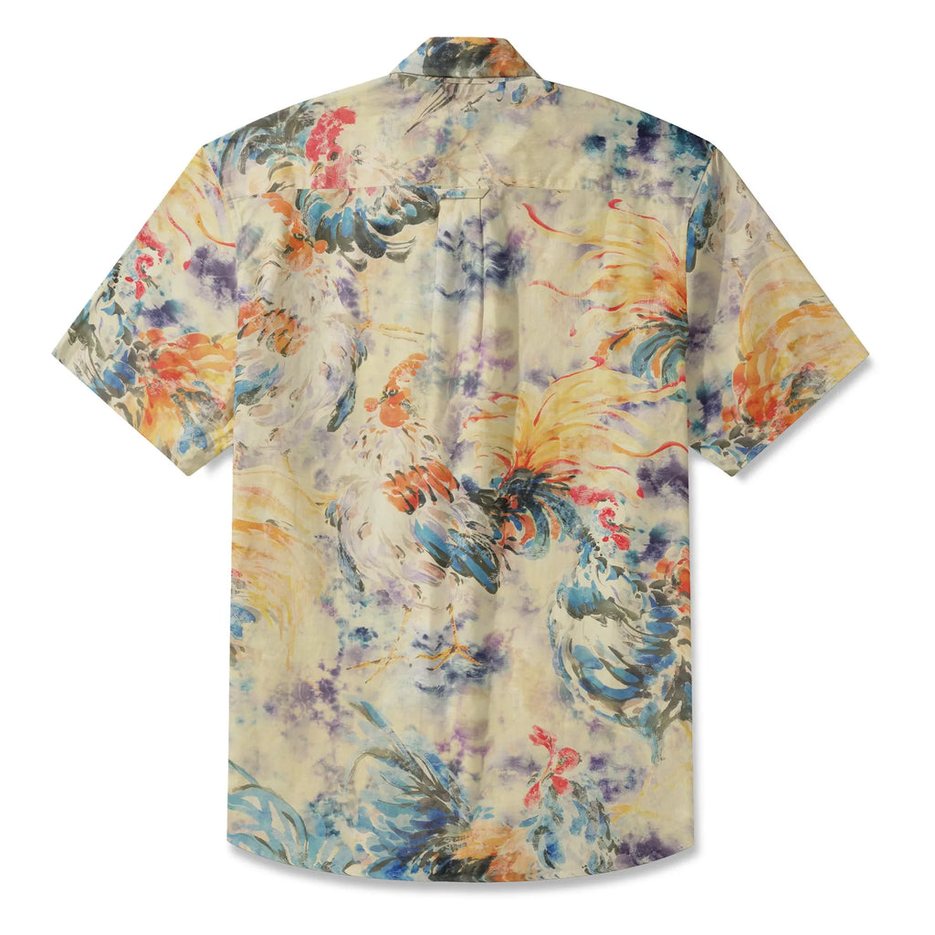 LeosWare® Men's Hawaiian Shirt Short Sleeve Button-up 100% Cotton Orange Aloha Enchanting Rooster