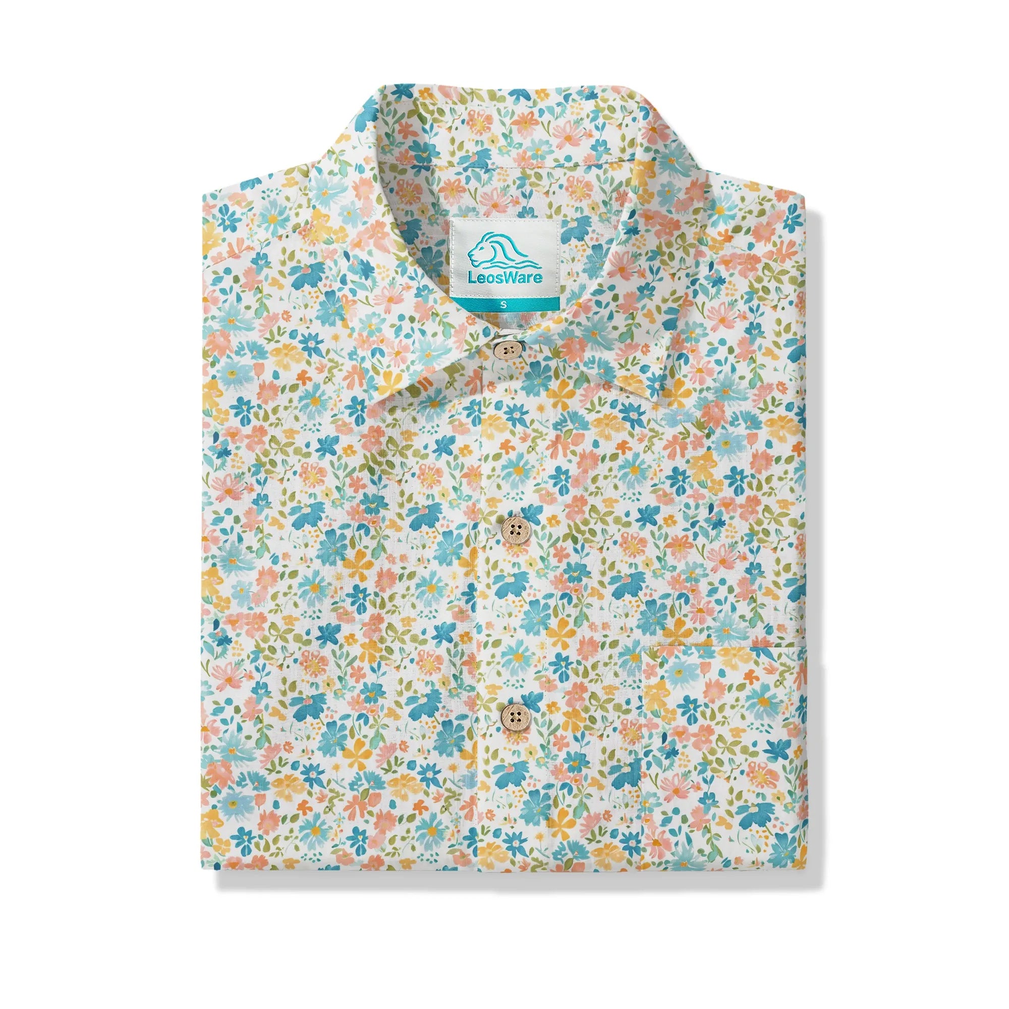 LeosWare® Flower Men's Hawaiian Shirt Short Sleeve Button-up 100% Cotton Beige Aloha Sunny Day Wildflowers
