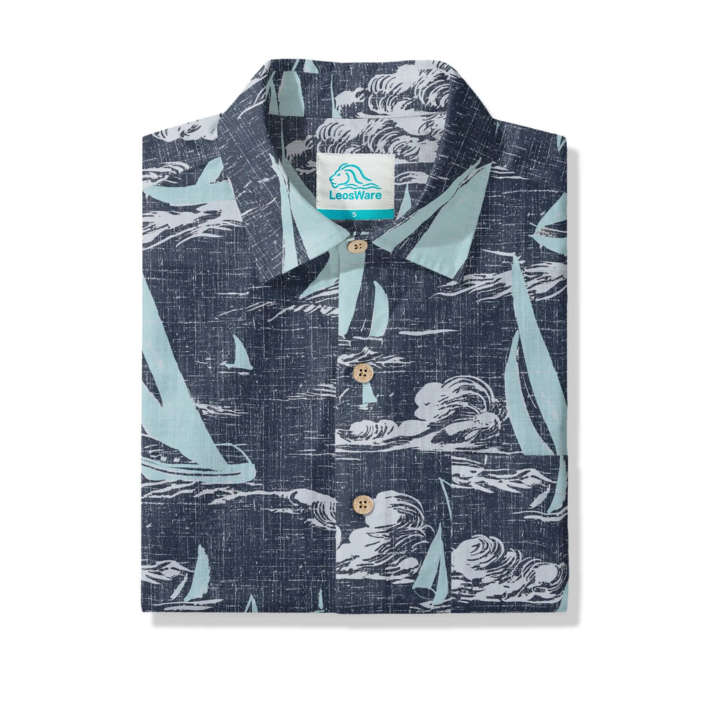 LeosWare® Sailboat Men's Hawaiian Shirt Short Sleeve Button-up 100% Cotton Blue Aloha Sailing To The Horizon