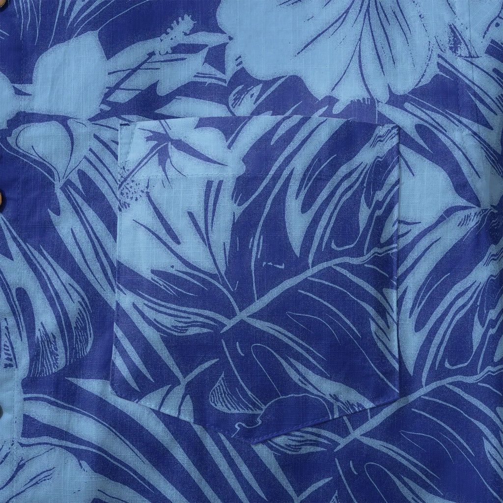LeosWare® Hibiscus Flower Men's Hawaiian Shirt Short Sleeve Button-up 100% Cotton Blue Aloha Blue Serenity