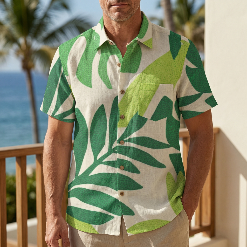 LeosWare® Men's Hawaiian Shirt Short Sleeve Button-up 95% Polyester, 5% Spandex Aloha Verdant Breeze