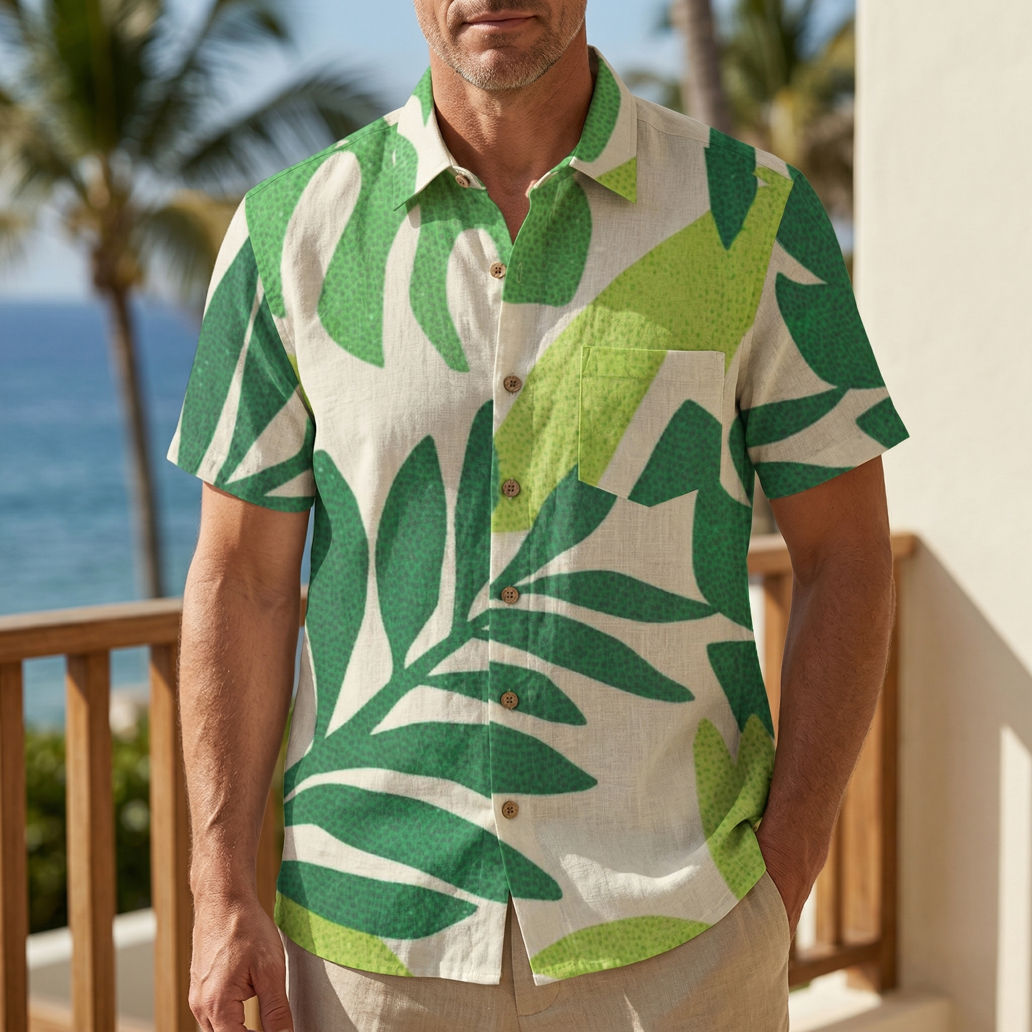 LeosWare® Men's Hawaiian Shirt Short Sleeve Button-up 95% Polyester, 5% Spandex Aloha Verdant Breeze