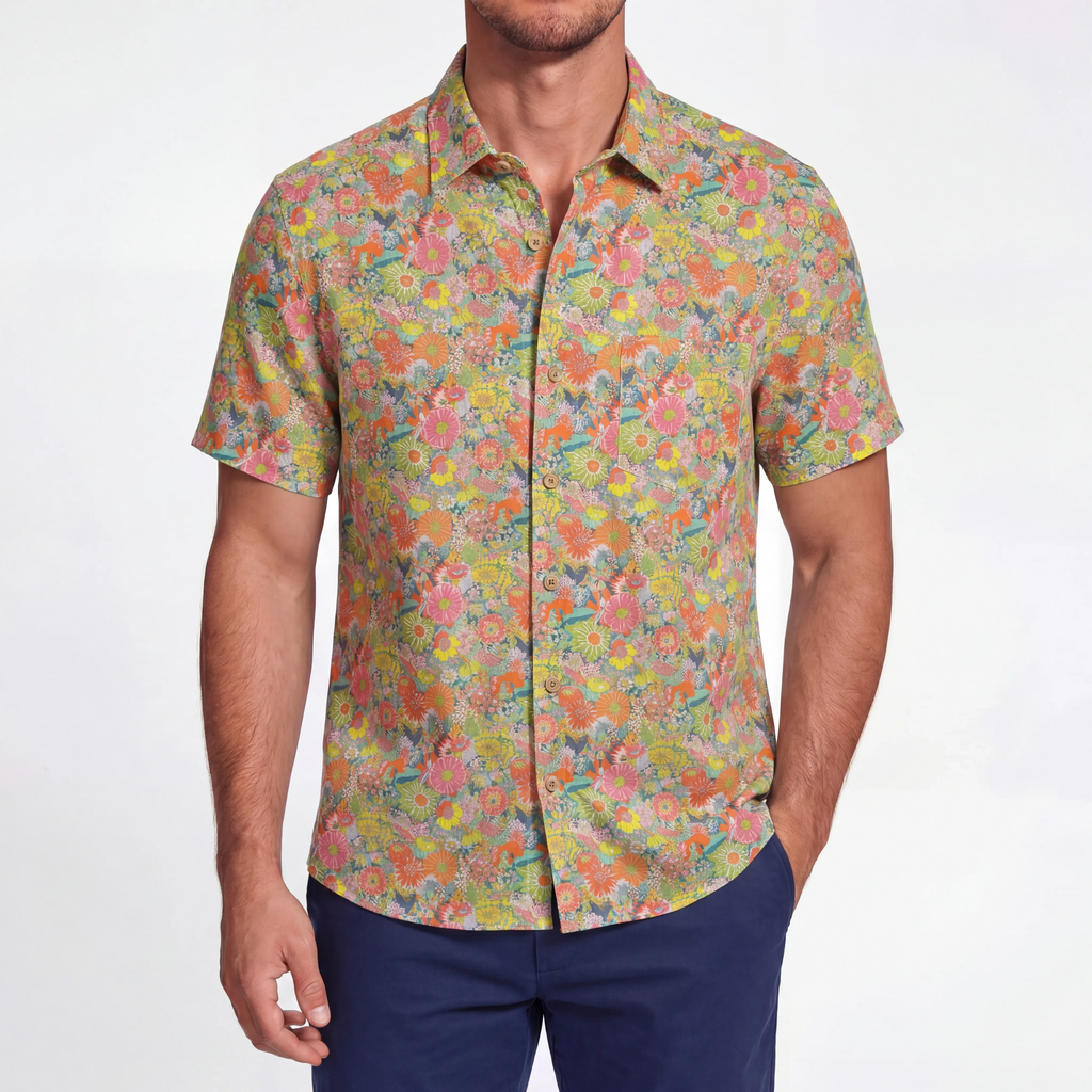 LeosWare® Men's Hawaiian Shirt Short Sleeve Button-up 100% Cotton Green Aloha Spring Blossom Notes