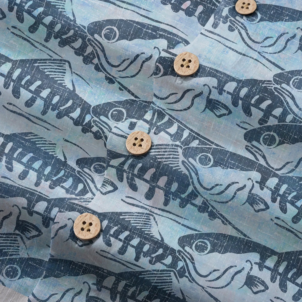 LeosWare® Men's Hawaiian Shirt Short Sleeve Button-up 100% Cotton Blue Aloha Ink Wave Fish Formation