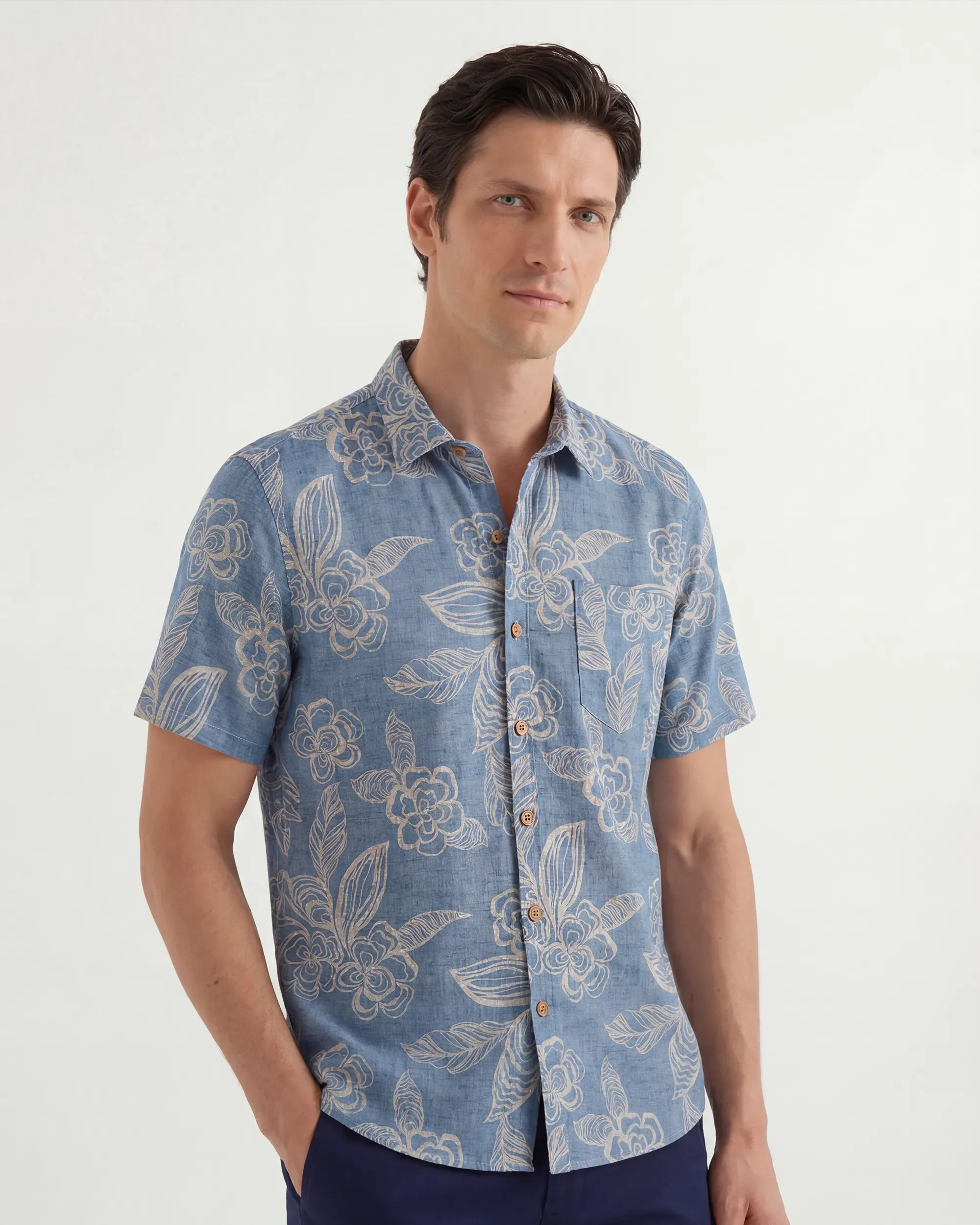 LeosWare® Men's Hawaiian Shirt Short Sleeve Button-up 100% Cotton Blue Aloha Light Blue Elegant Florals