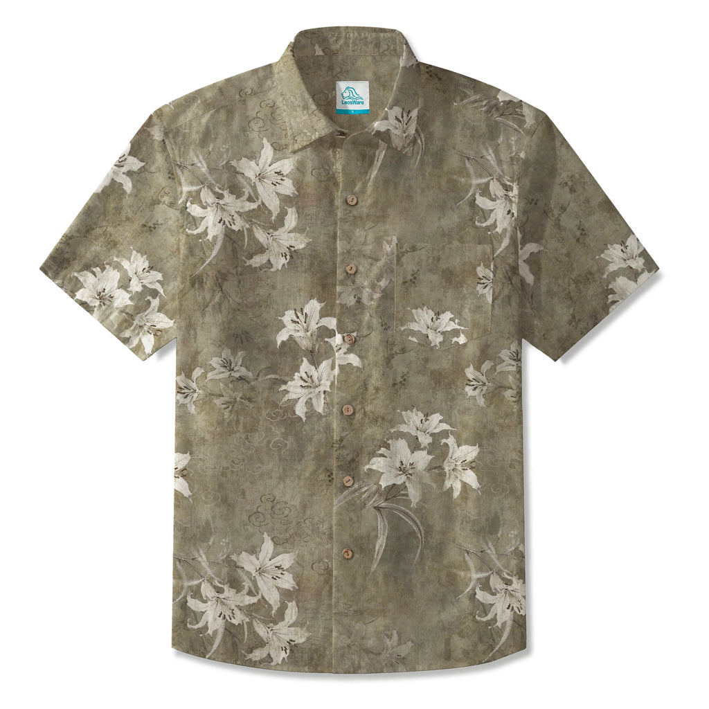 LeosWare® Men's Hawaiian Shirt Short Sleeve Button-up 100% Cotton Brown Aloha Retro Floral Silhouette