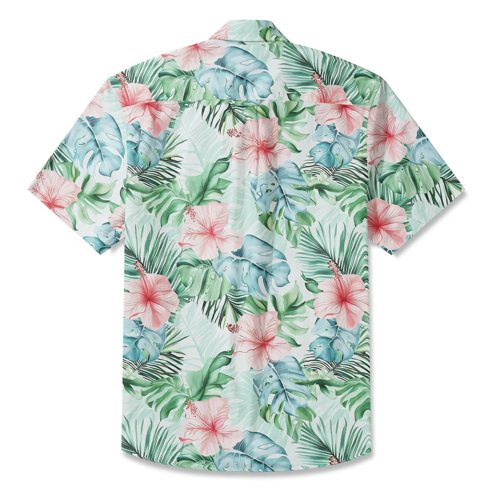 LeosWare® Men's Hawaiian Shirt Short Sleeve Button-up 100% Cotton Green Aloha Powdered Hibiscus Grove
