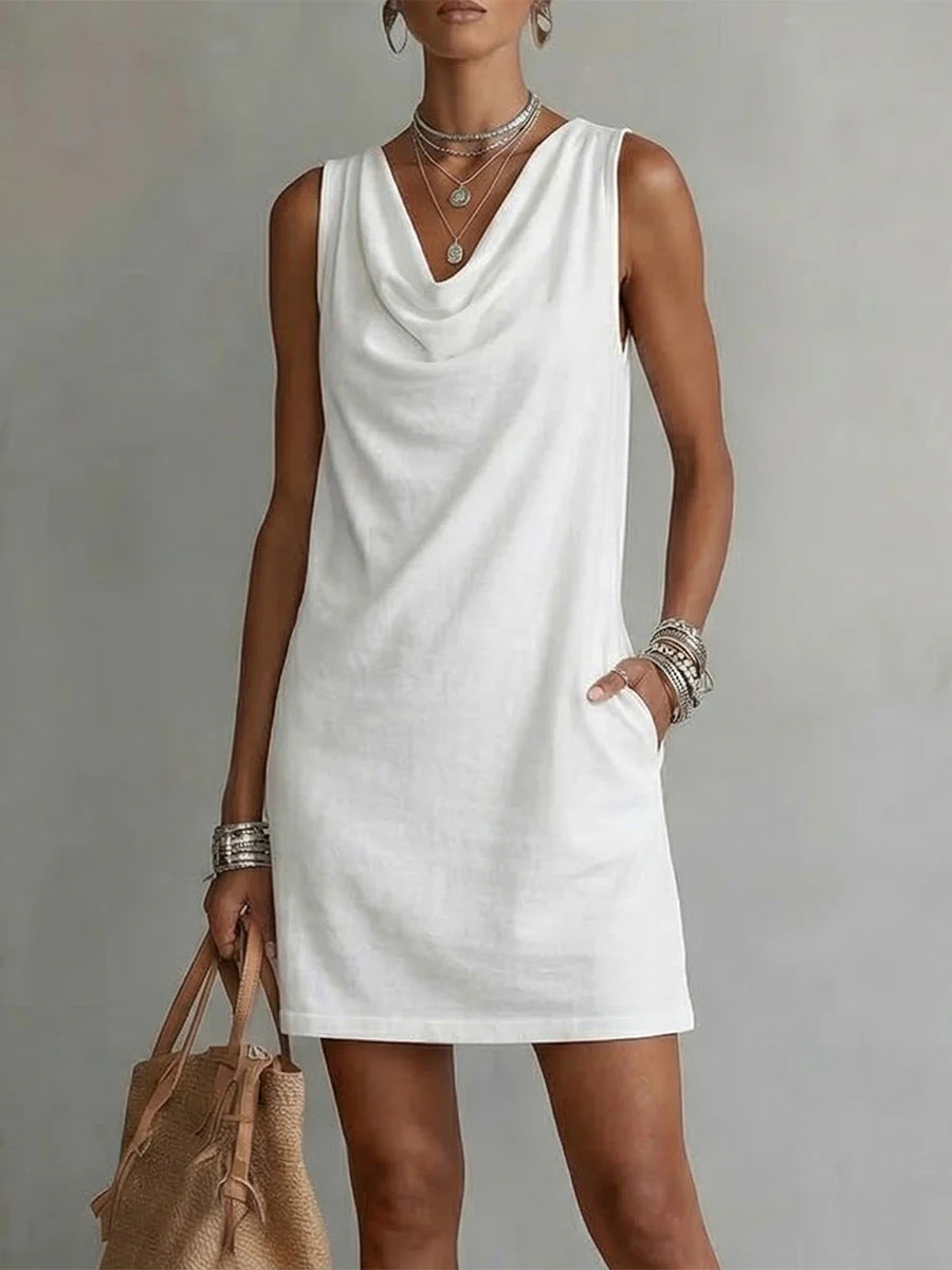 Women's Off-Shoulder Sleeveless Dress – Casual Pullover Midi Dress