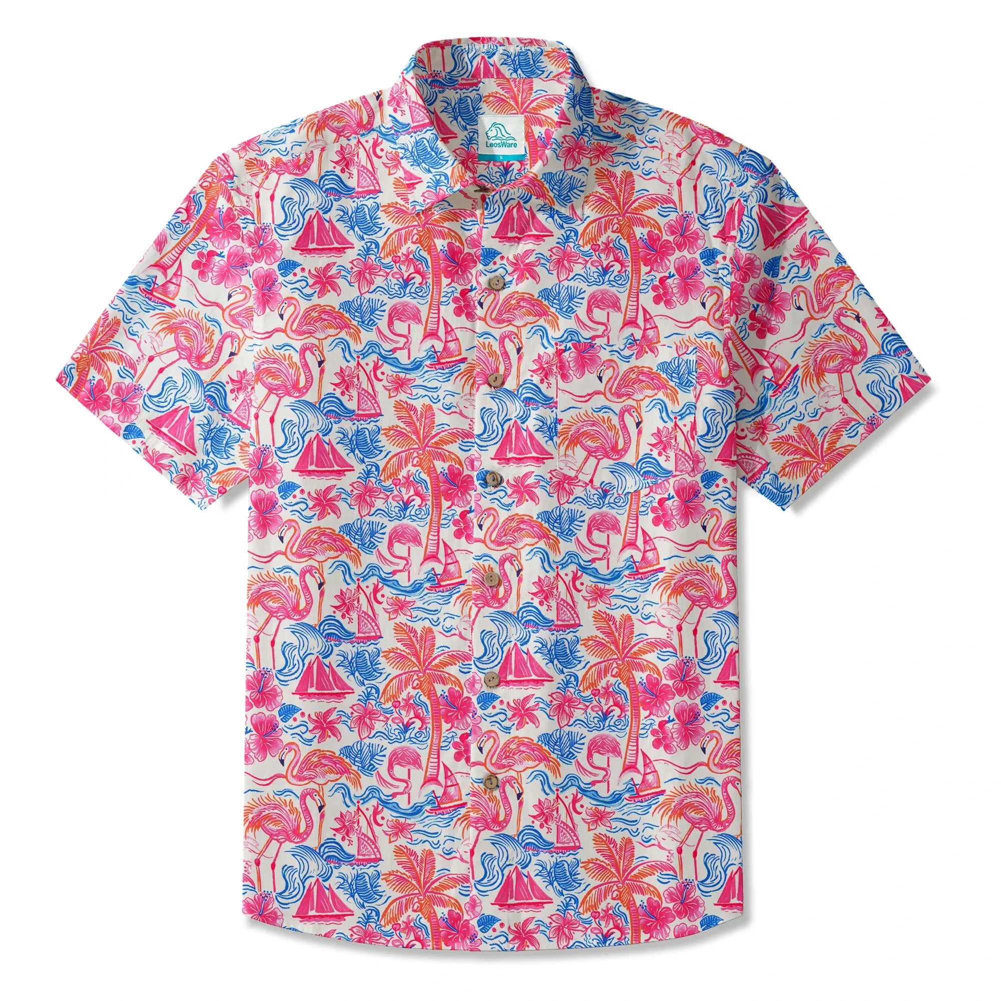 LeosWare® Men's Hawaiian Shirt Short Sleeve Button-up 100% Cotton Aloha Tropical Fire Bay