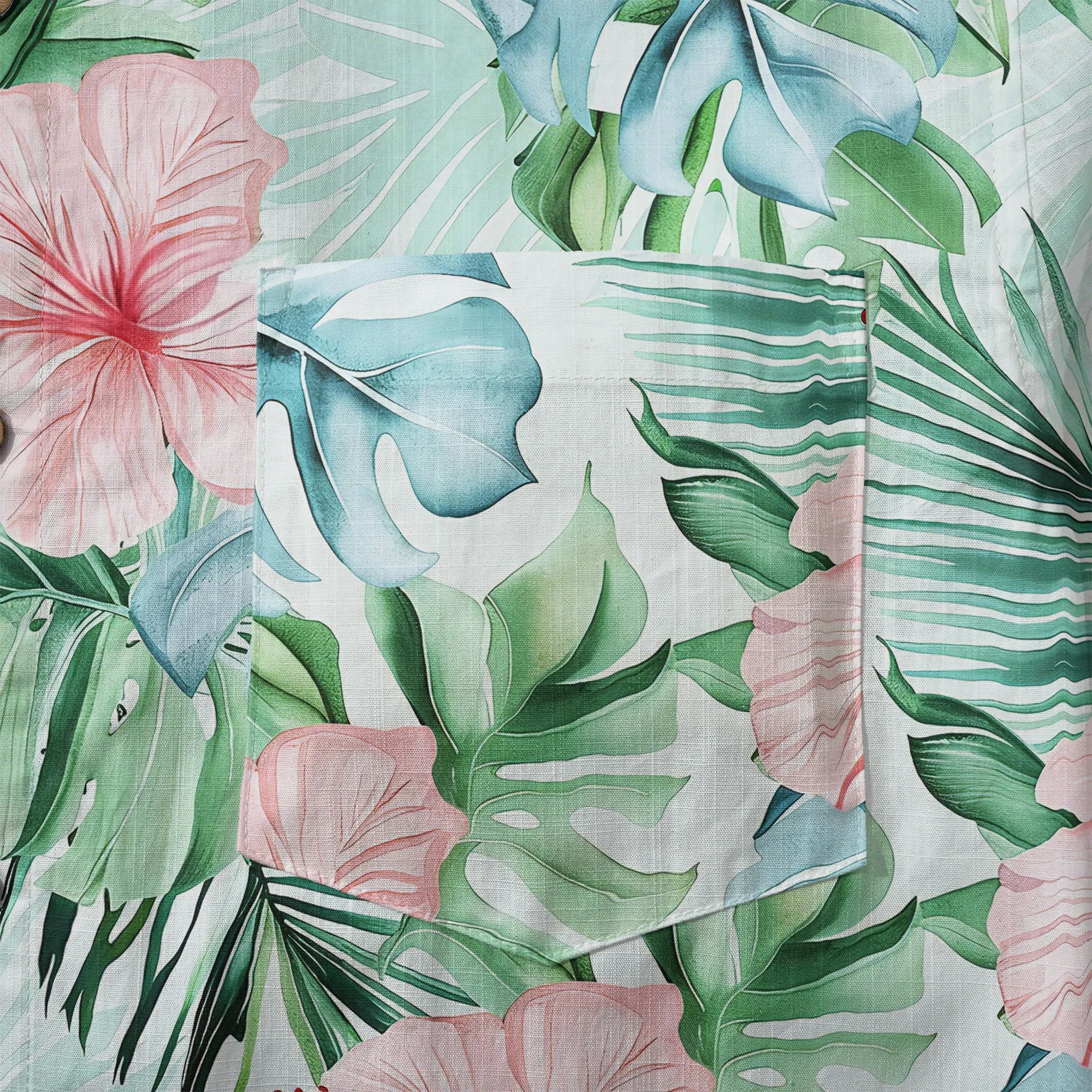 LeosWare® Men's Hawaiian Shirt Short Sleeve Button-up 100% Cotton Green Aloha Powdered Hibiscus Grove