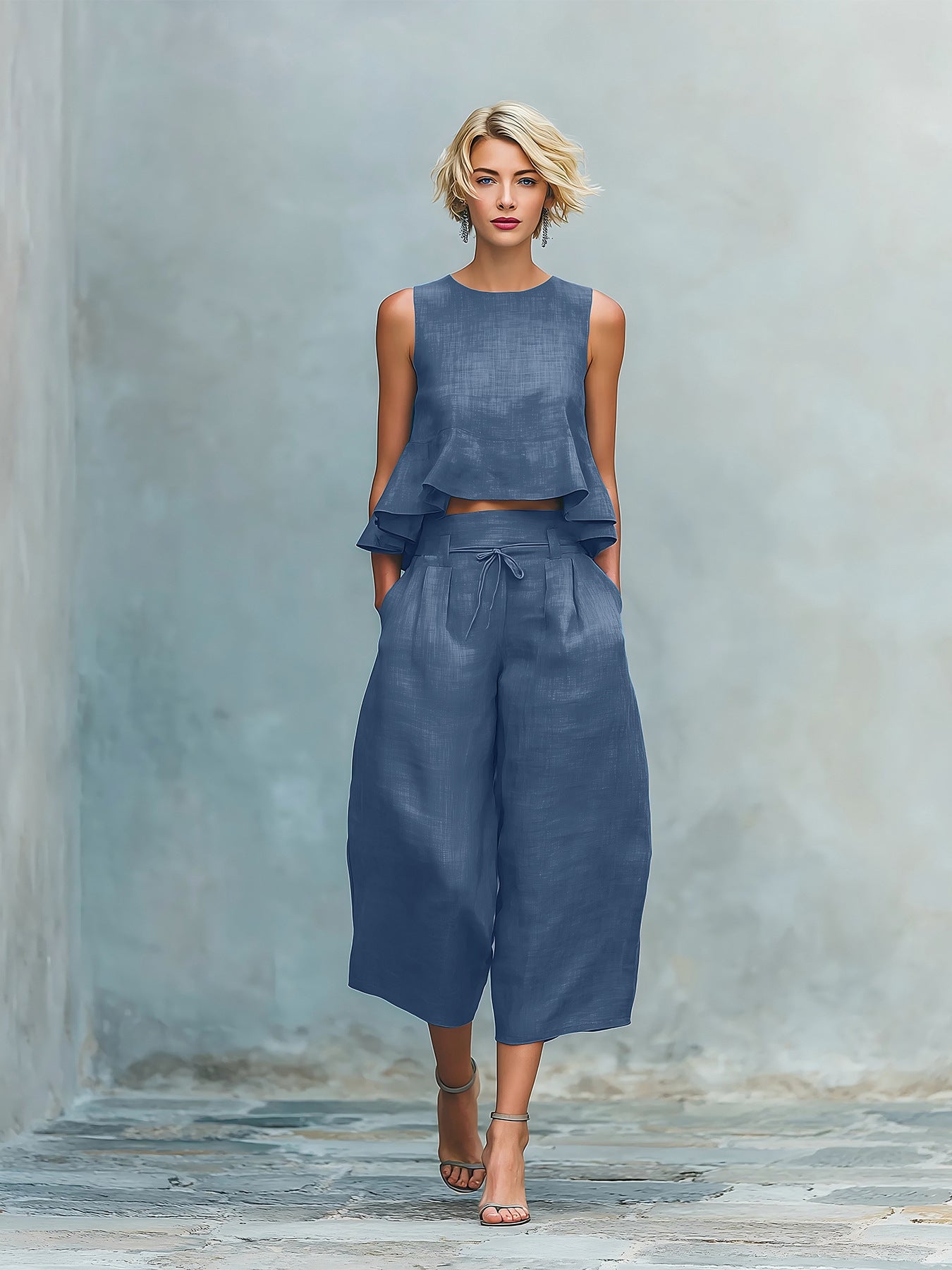 Women's Linen-Blend Sleeveless Two Piece Set with Ruffled Detailing