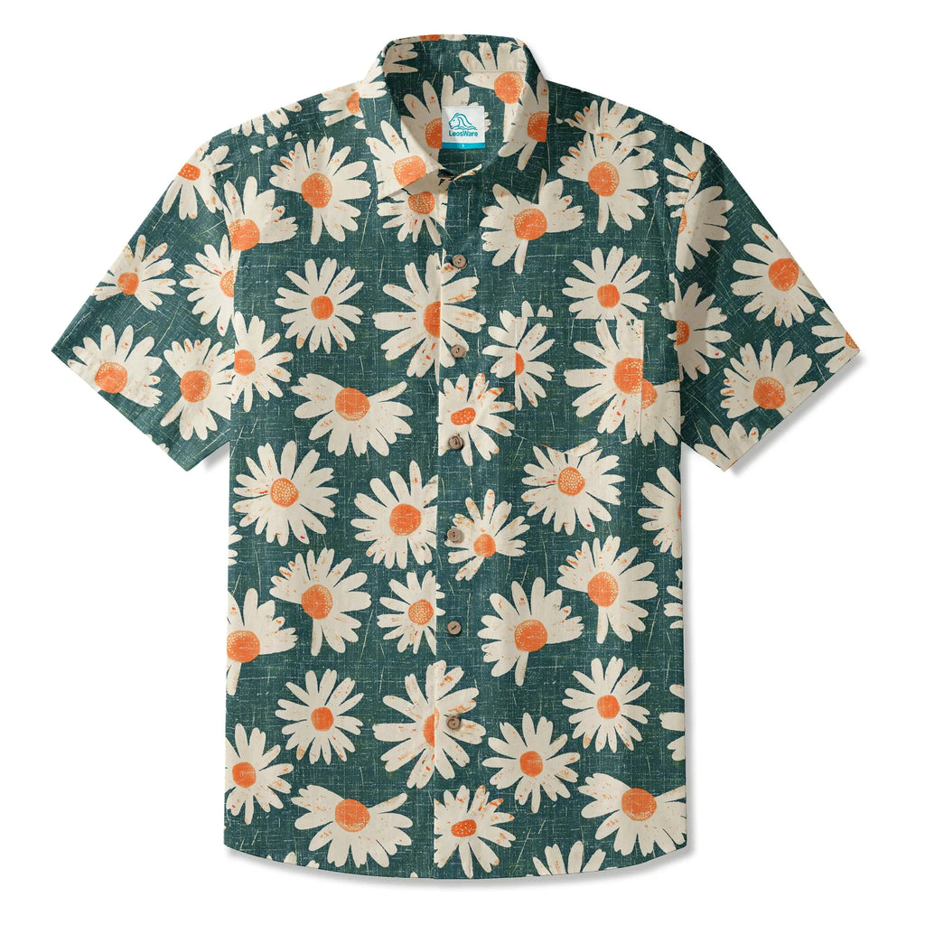 LeosWare® Men's Hawaiian Shirt Short Sleeve Button-up 100% Cotton Green Aloha Daisy Bottom