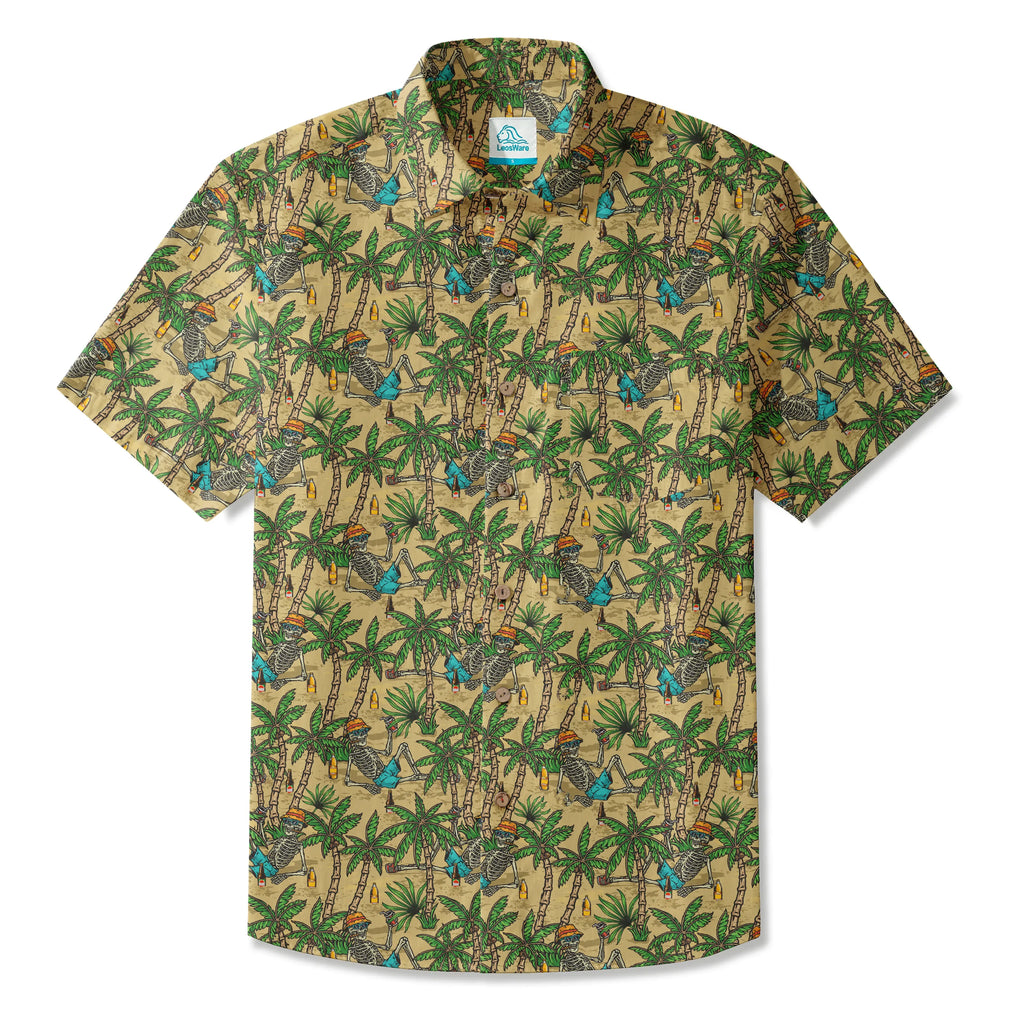 LeosWare® Men's Hawaiian Shirt Short Sleeve Button-up 100% Cotton Green Aloha Skeleton's Coconut Beach Vacation