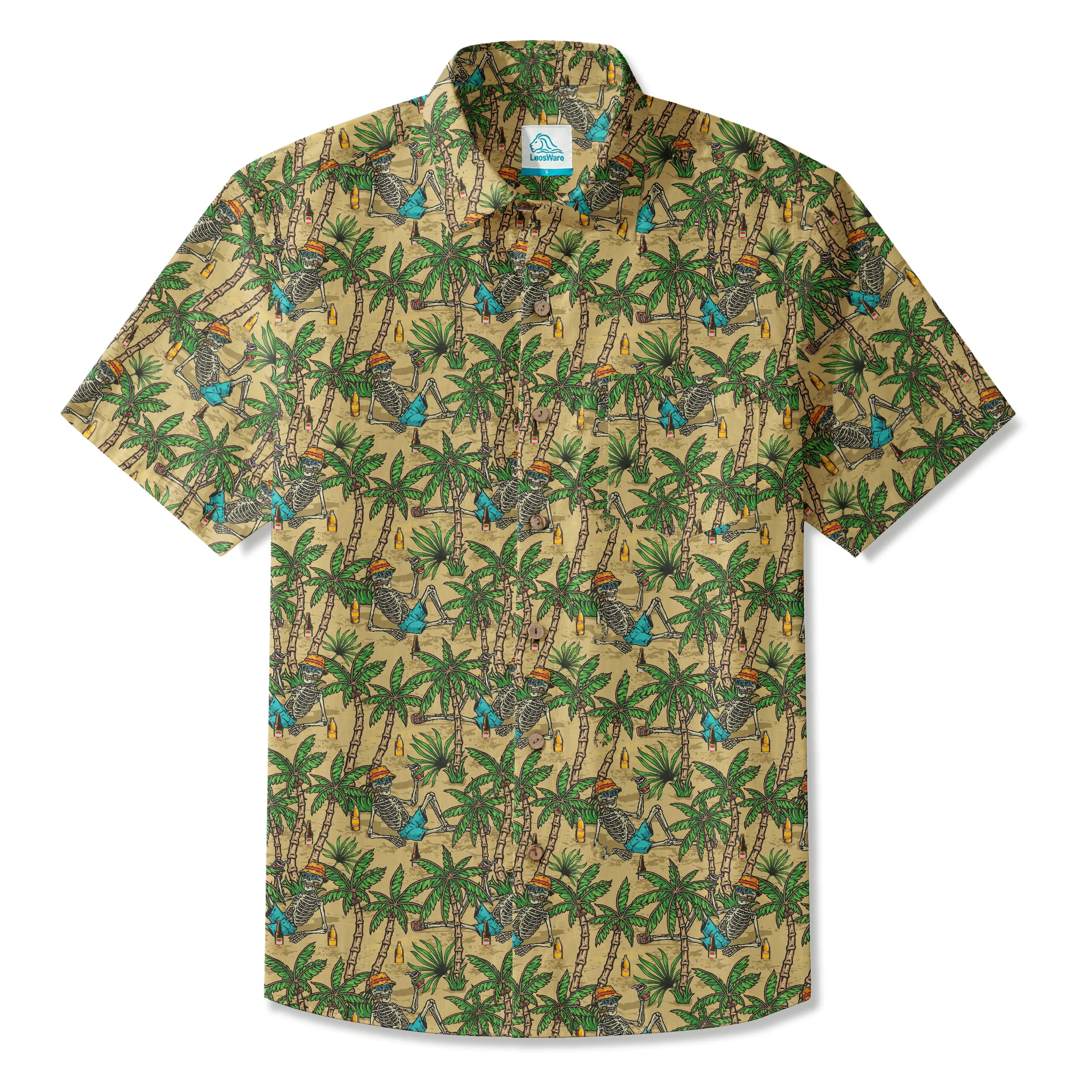 LeosWare® Men's Hawaiian Shirt Short Sleeve Button-up 100% Cotton Green Aloha Skeleton's Coconut Beach Vacation