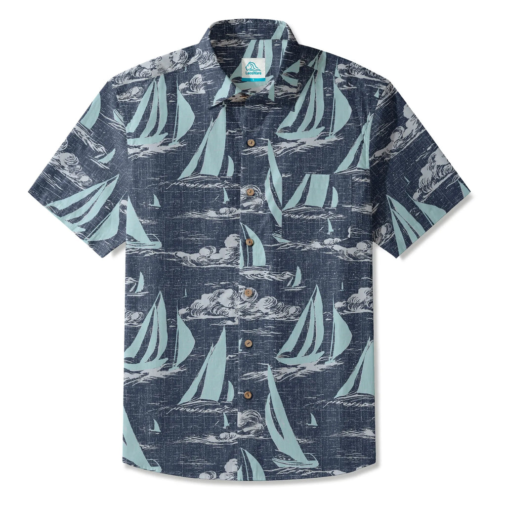 LeosWare® Sailboat Men's Hawaiian Shirt Short Sleeve Button-up 100% Cotton Blue Aloha Sailing To The Horizon