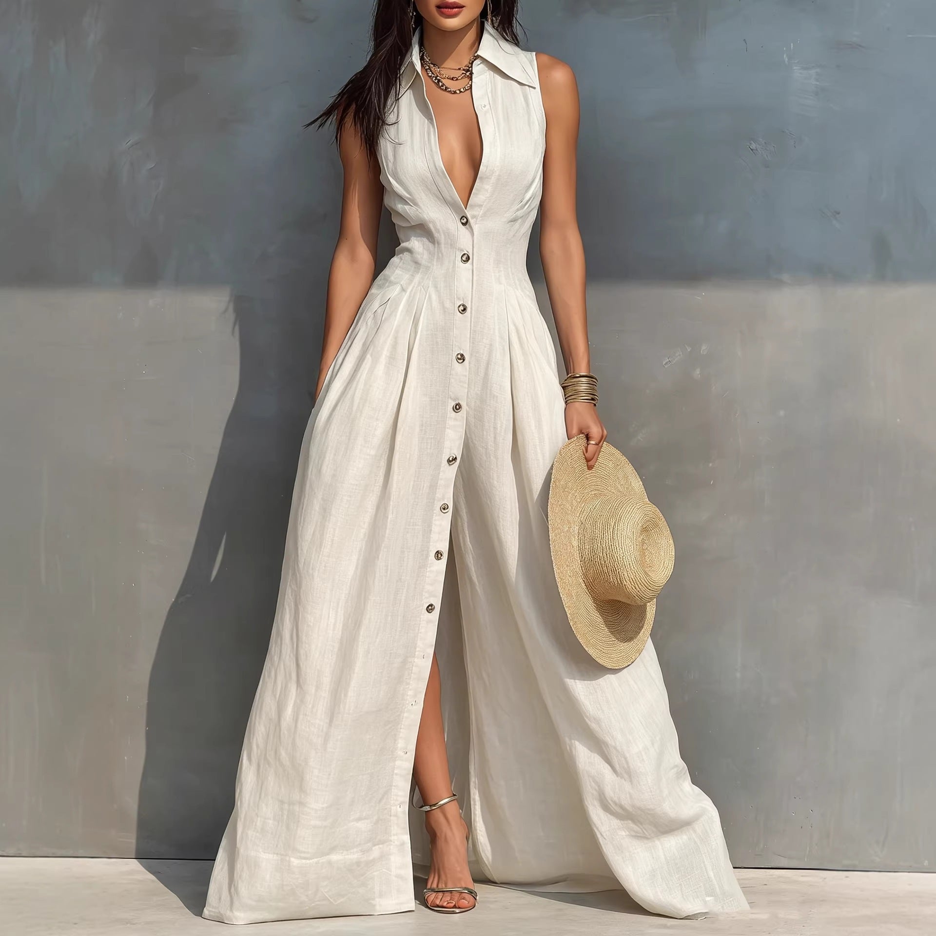 Women's High-Waist Lapel Shirt Maxi Dress – Elegant & Versatile