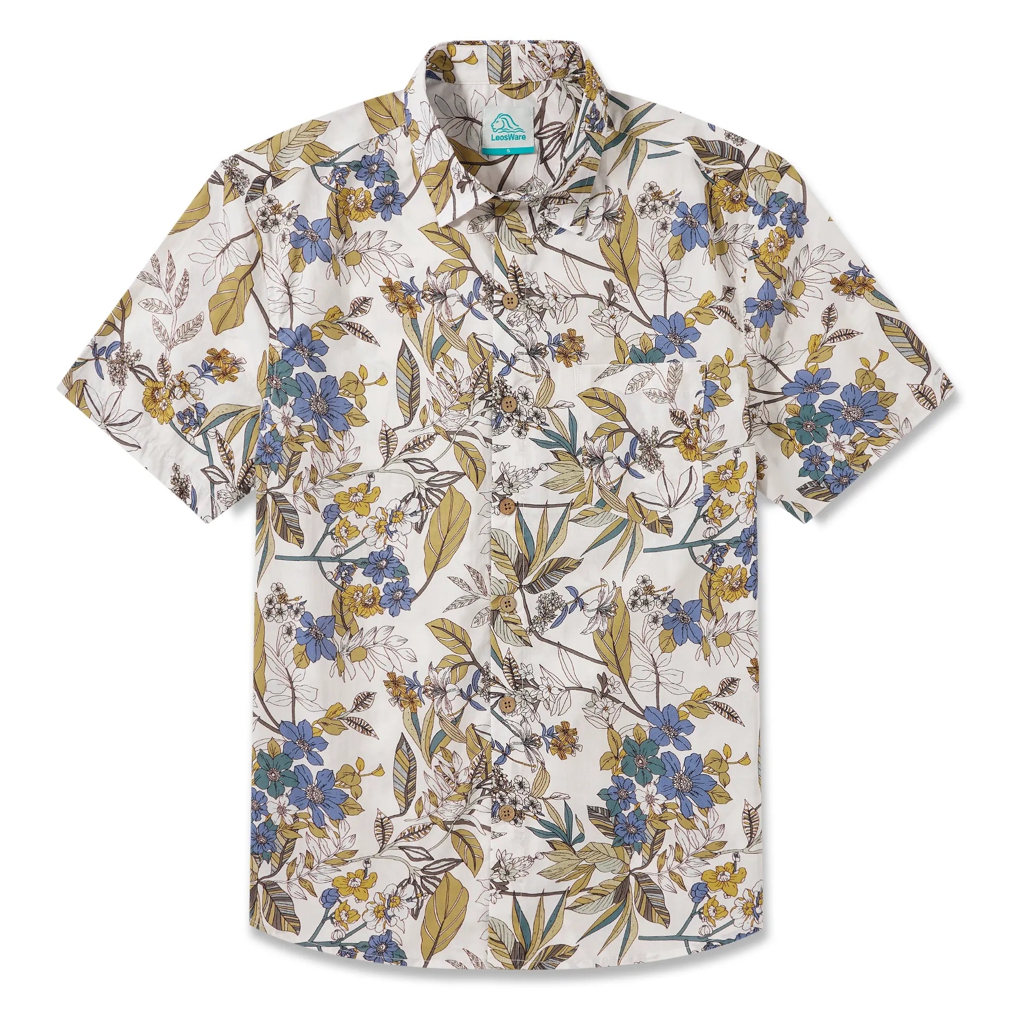 LeosWare® Men's Hawaiian Shirt Short Sleeve Button-up 100% Cotton Aloha Vintage Floral Branches And Leaves