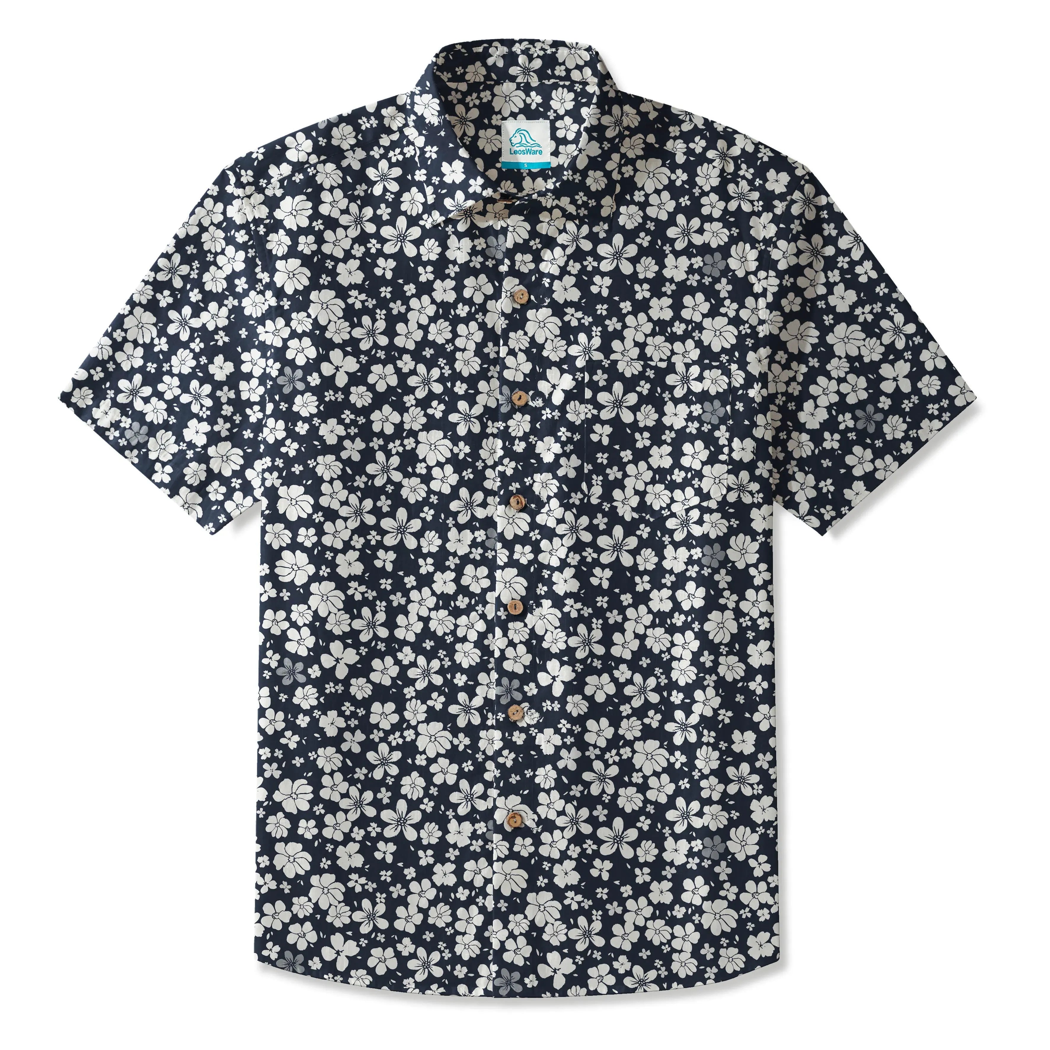 LeosWare® Men's Hawaiian Shirt Short Sleeve Button-up 100% Cotton Blue Aloha Floral Seascape