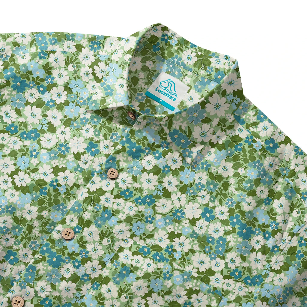 LeosWare® Flower Men's Hawaiian Shirt Short Sleeve Button-up 100% Cotton Green Aloha Fresh Blooms