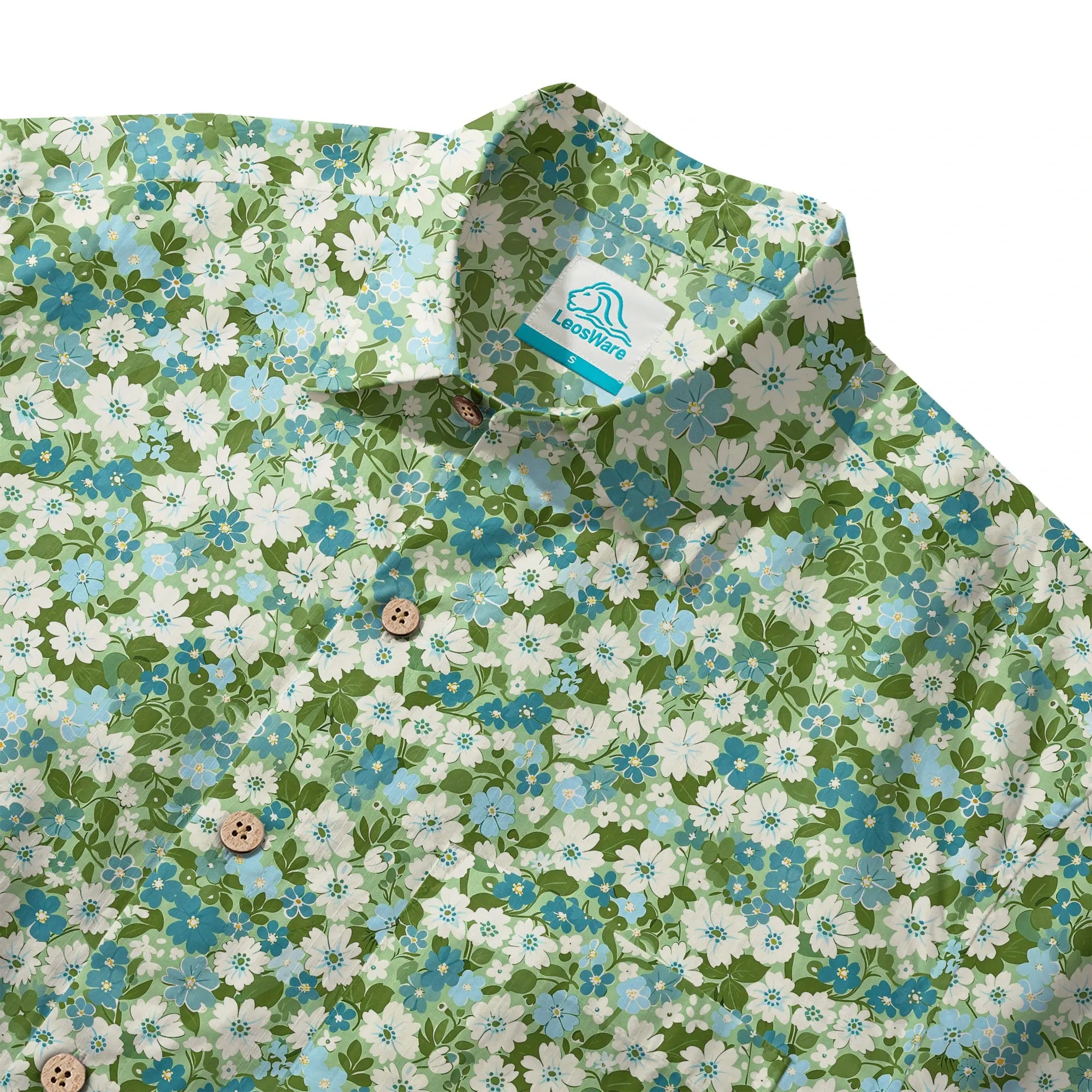 LeosWare® Flower Men's Hawaiian Shirt Short Sleeve Button-up 100% Cotton Green Aloha Fresh Blooms