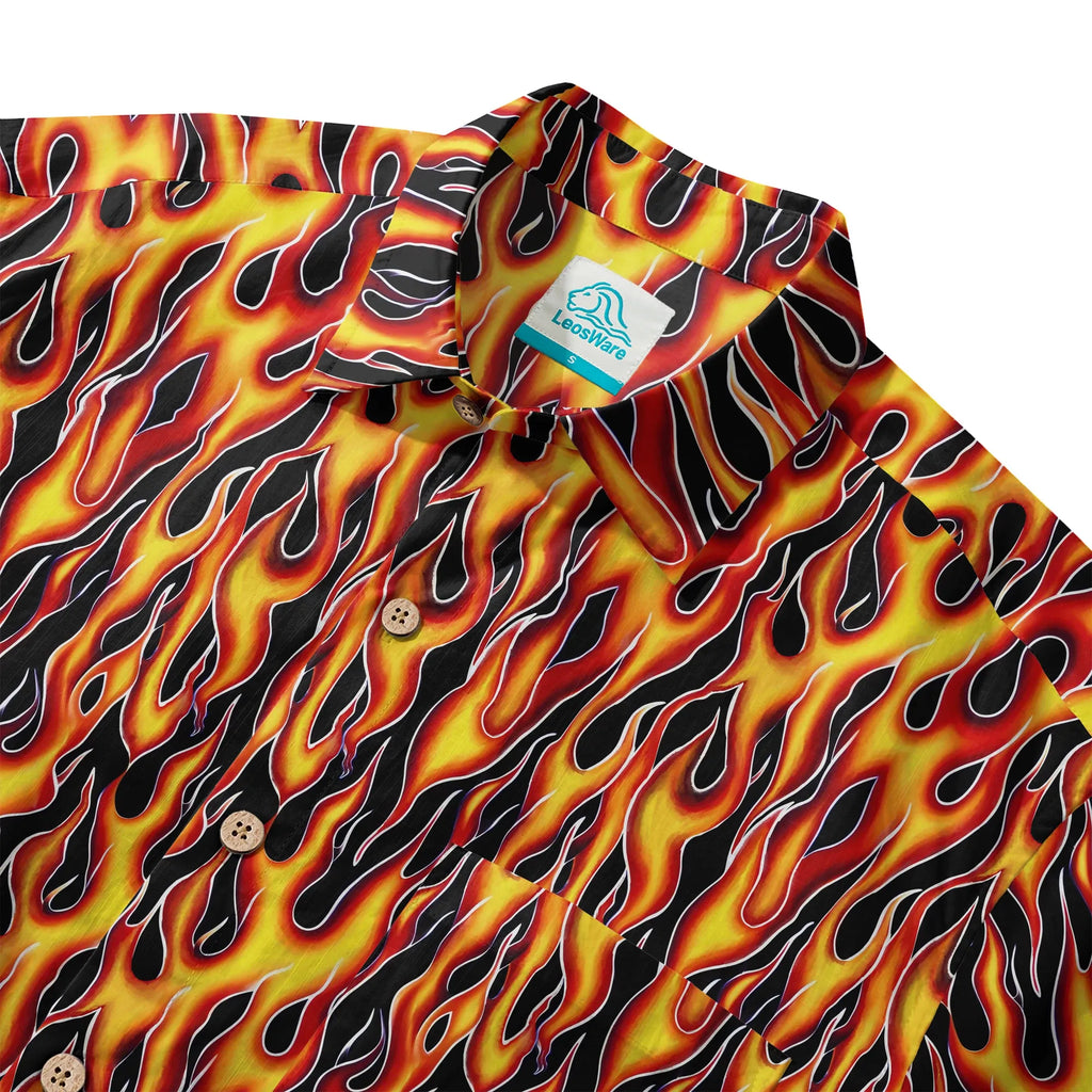 LeosWare® Flames Men's Hawaiian Shirt Short Sleeve Button-up 100% Cotton Yellow Aloha Flame Surge