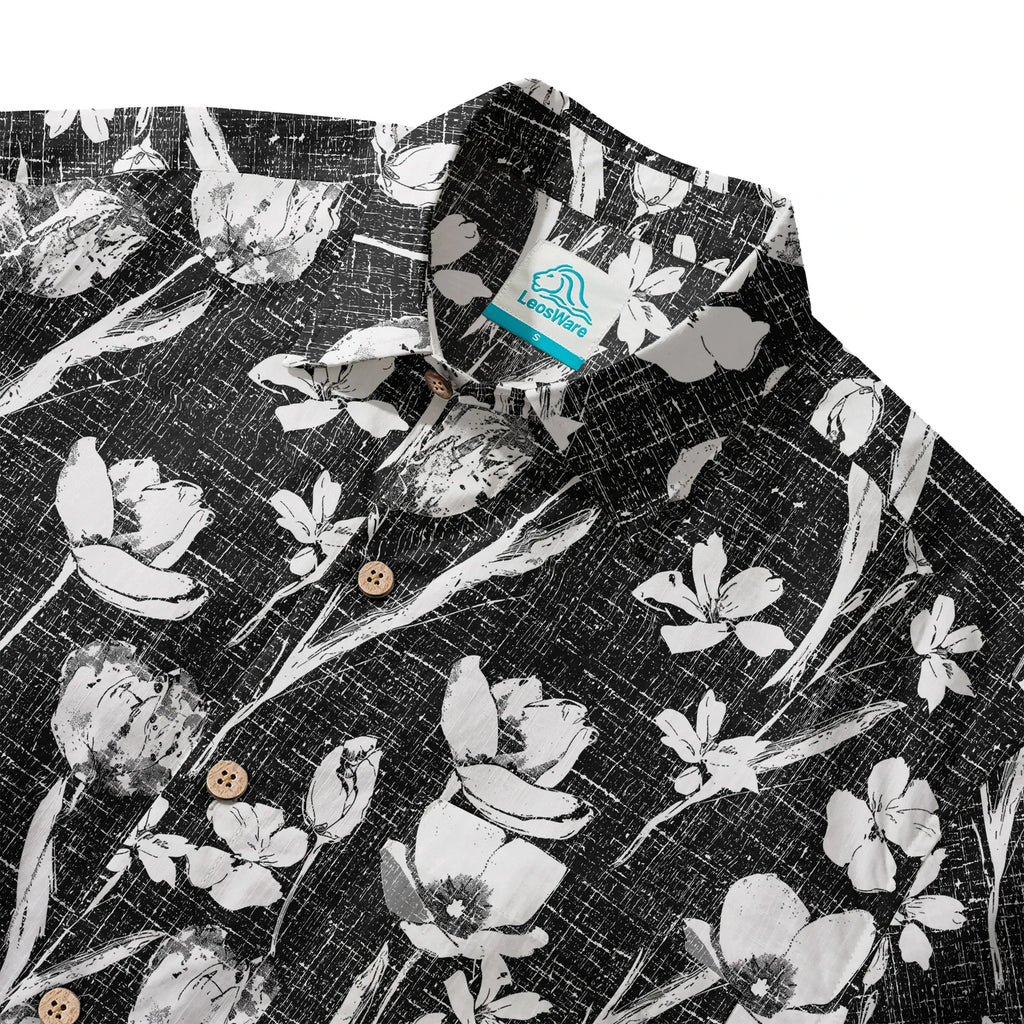 LeosWare® Flower Men's Hawaiian Shirt Short Sleeve Button-up 100% Cotton Black Aloha Ink Strokes And Flower Traces