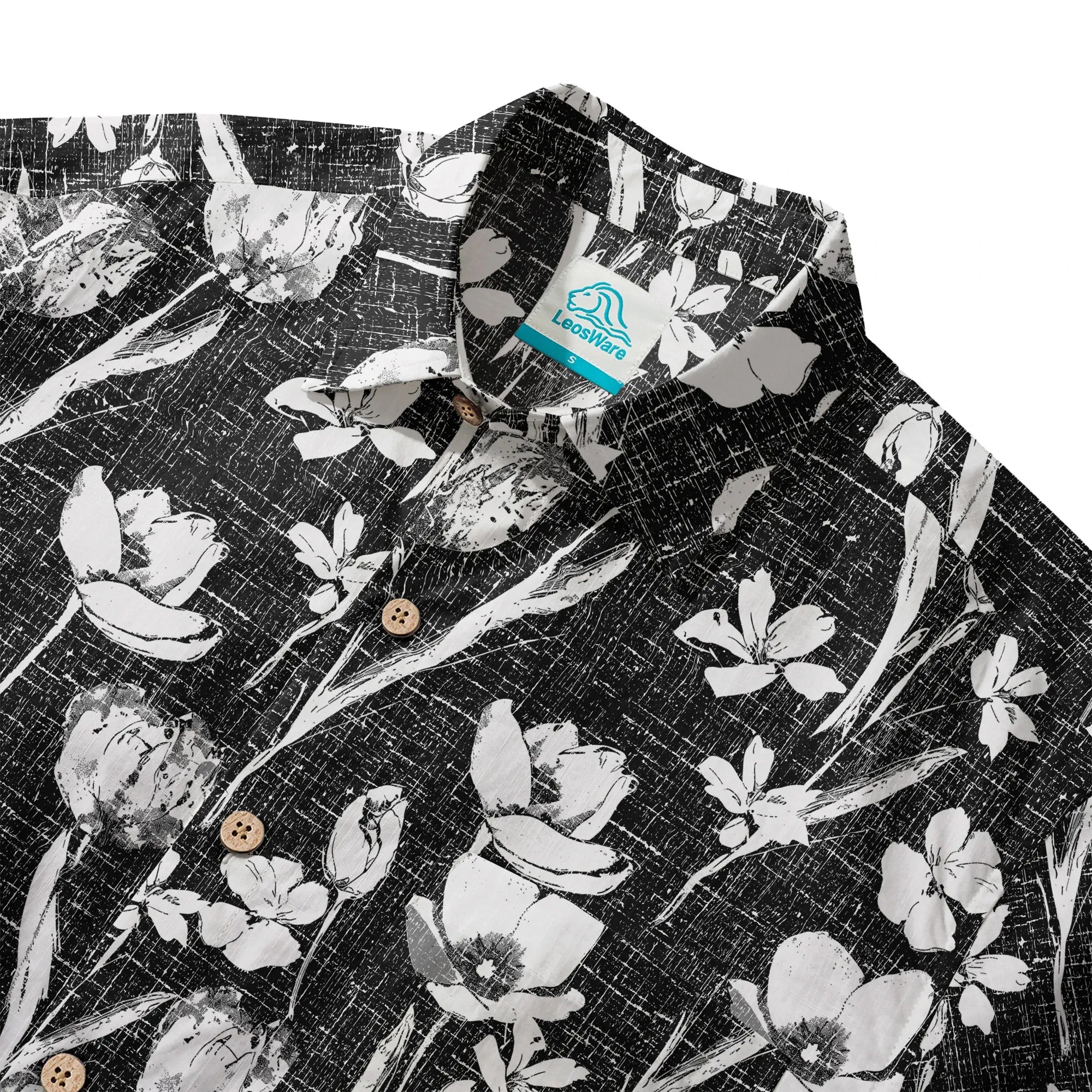 LeosWare® Flower Men's Hawaiian Shirt Short Sleeve Button-up 100% Cotton Black Aloha Ink Strokes And Flower Traces