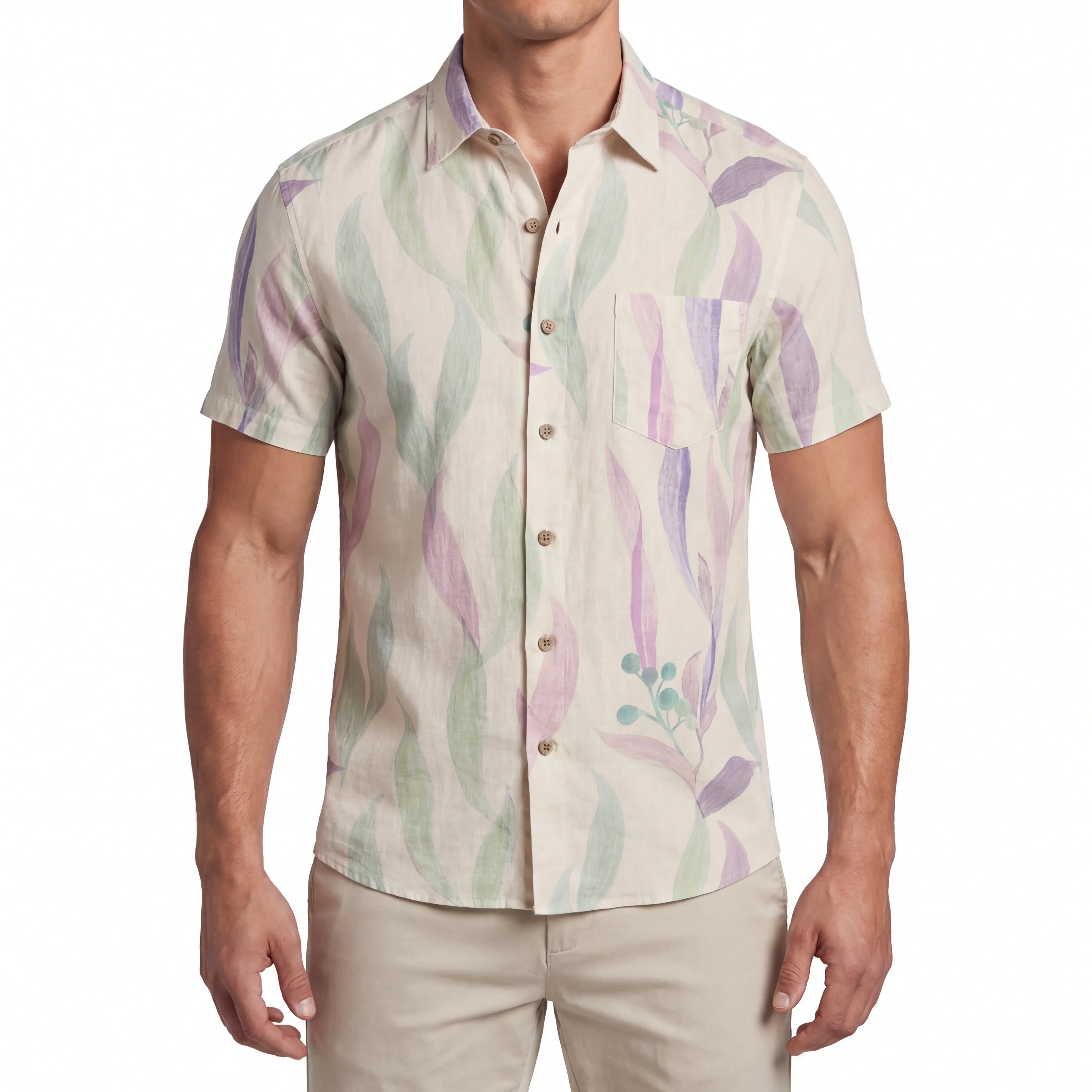 LeosWare® Men's Hawaiian Shirt Short Sleeve Button-up 100% Cotton Purple Aloha Spring Soft Colors