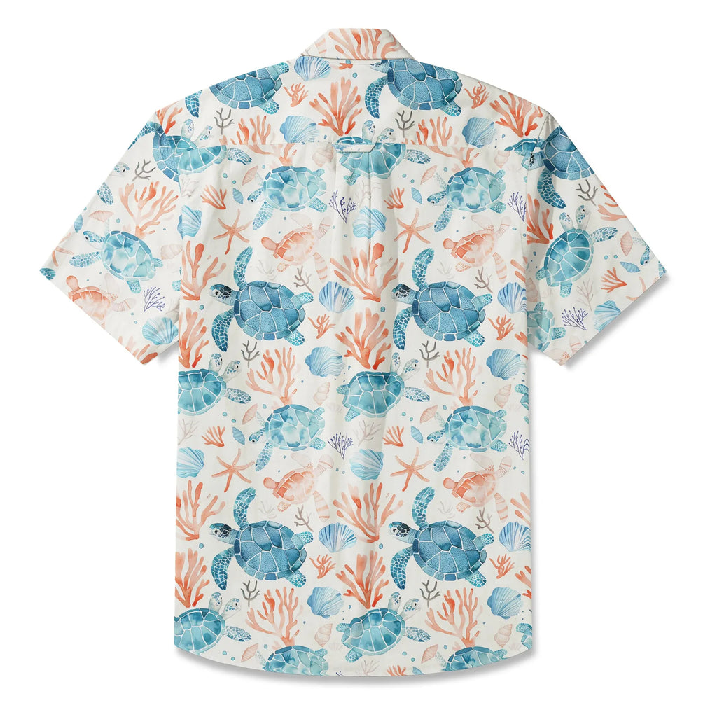 LeosWare® Men's Hawaiian Shirt Short Sleeve Button-up 100% Cotton Blue Aloha Blue Turtle Roaming Coral