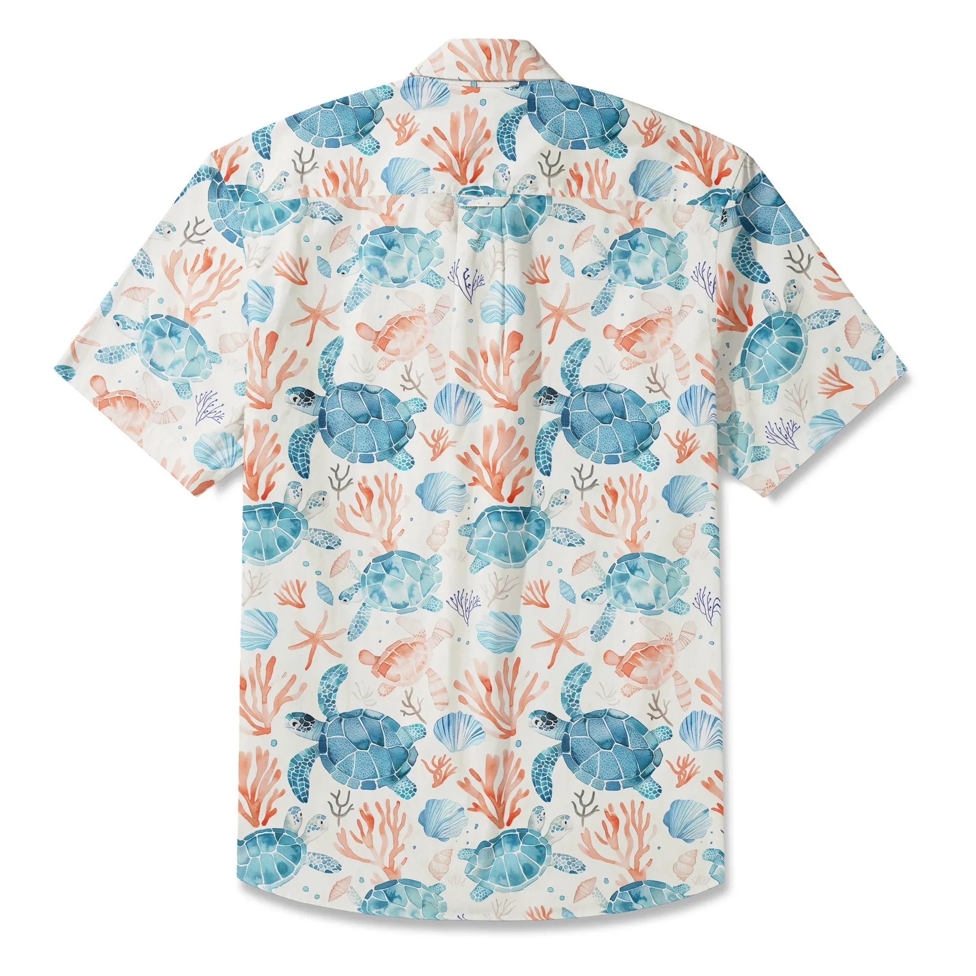 LeosWare® Men's Hawaiian Shirt Short Sleeve Button-up 100% Cotton Blue Aloha Blue Turtle Roaming Coral
