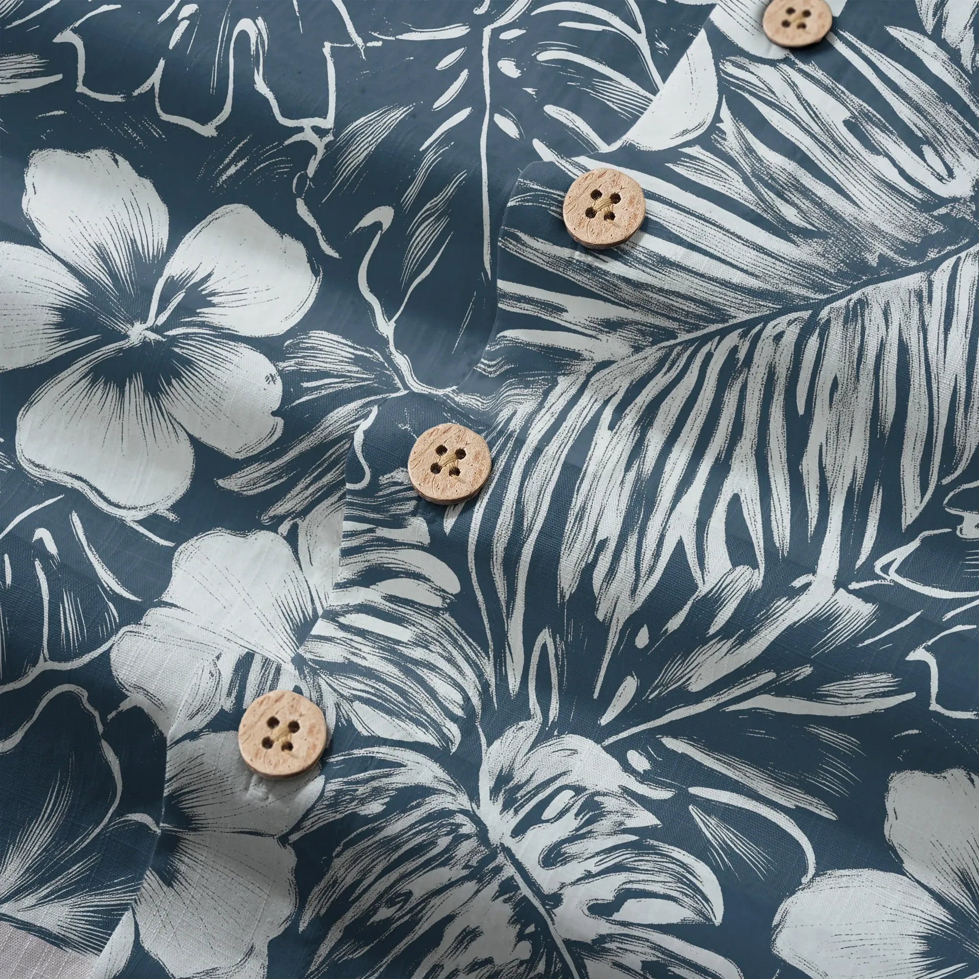 LeosWare® Hibiscus Flower Men's Hawaiian Shirt Short Sleeve Button-up 100% Cotton Blue Aloha Blue Ink Flower Shadows