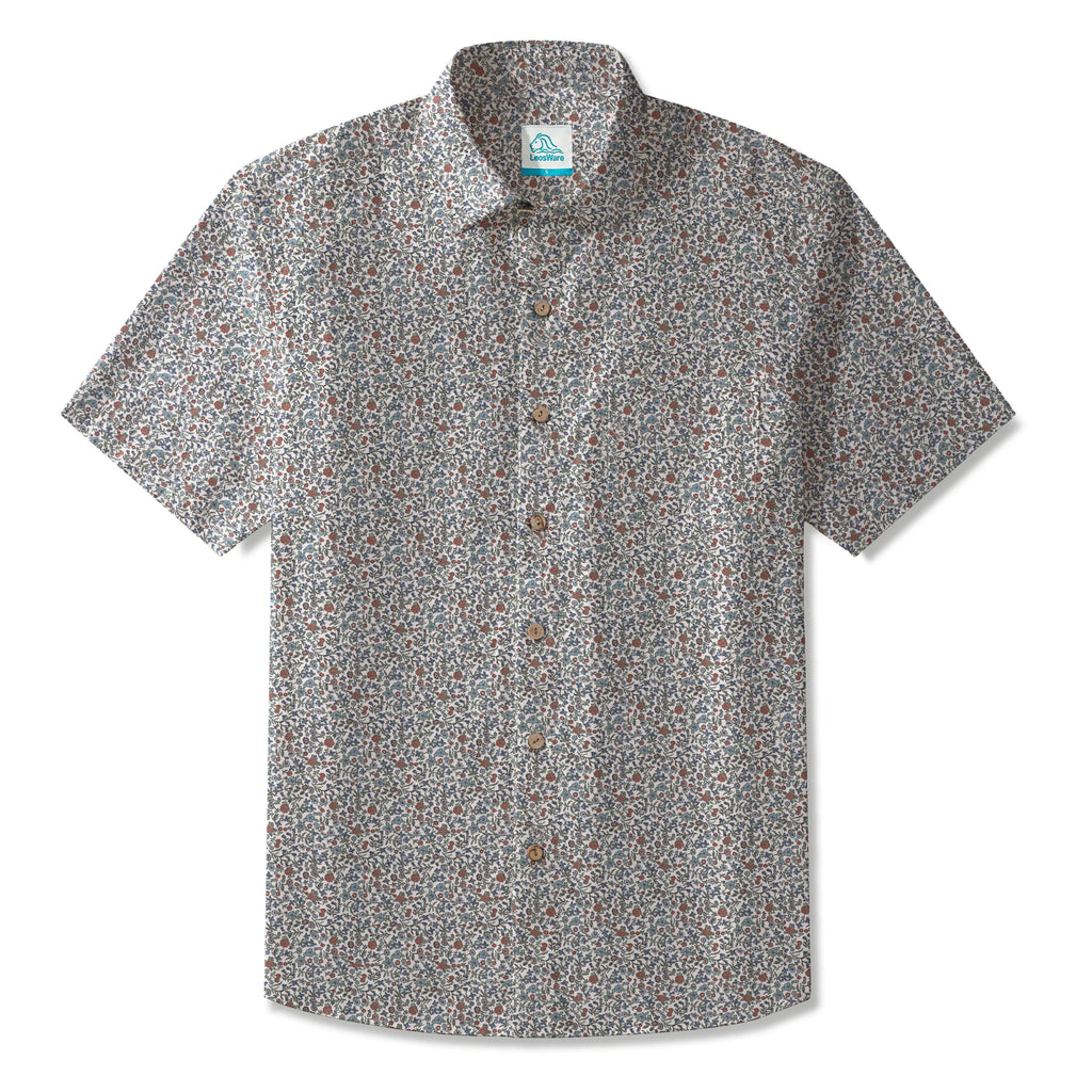 LeosWare® Men's Hawaiian Shirt Short Sleeve Button-up 100% Cotton Green Aloha Vintage Garden Elegance