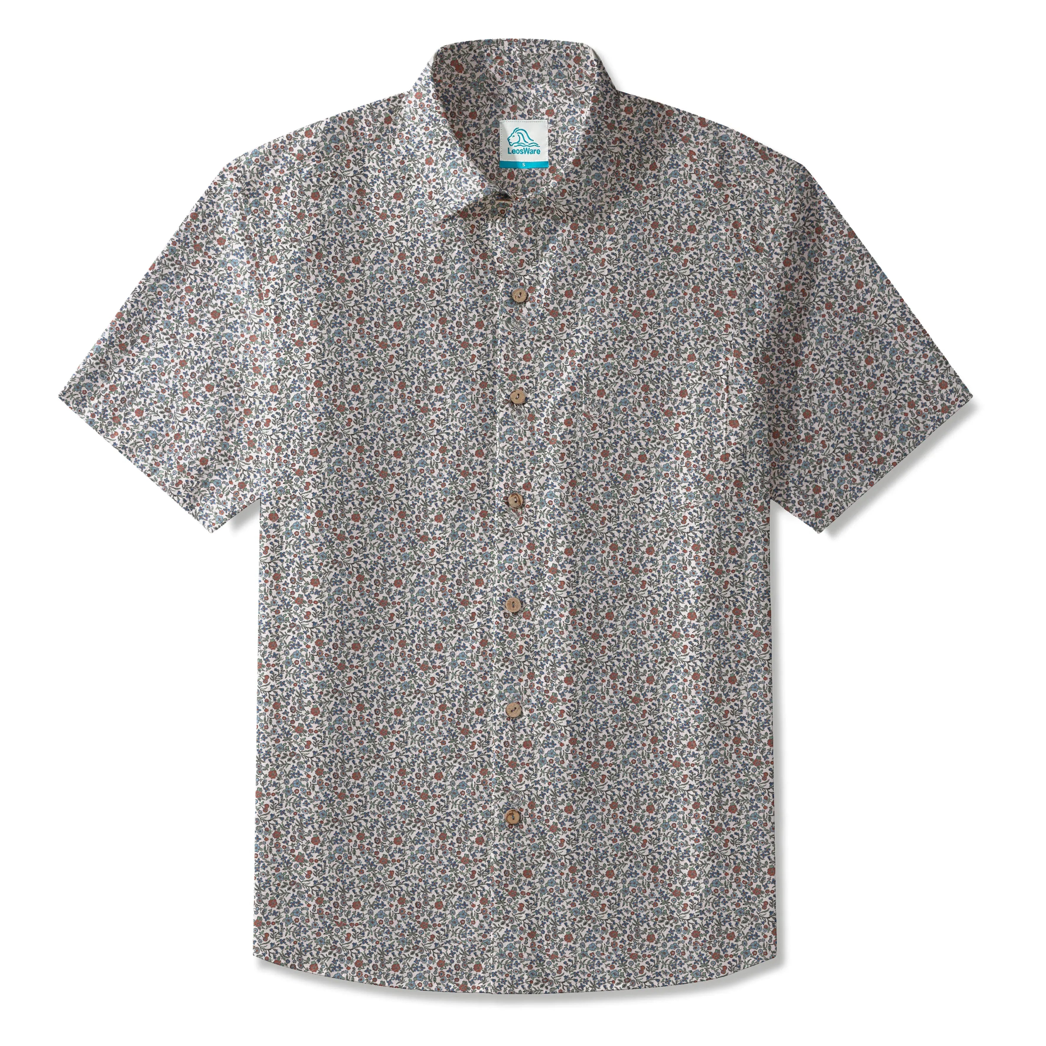 LeosWare® Men's Hawaiian Shirt Short Sleeve Button-up 100% Cotton Green Aloha Vintage Garden Elegance
