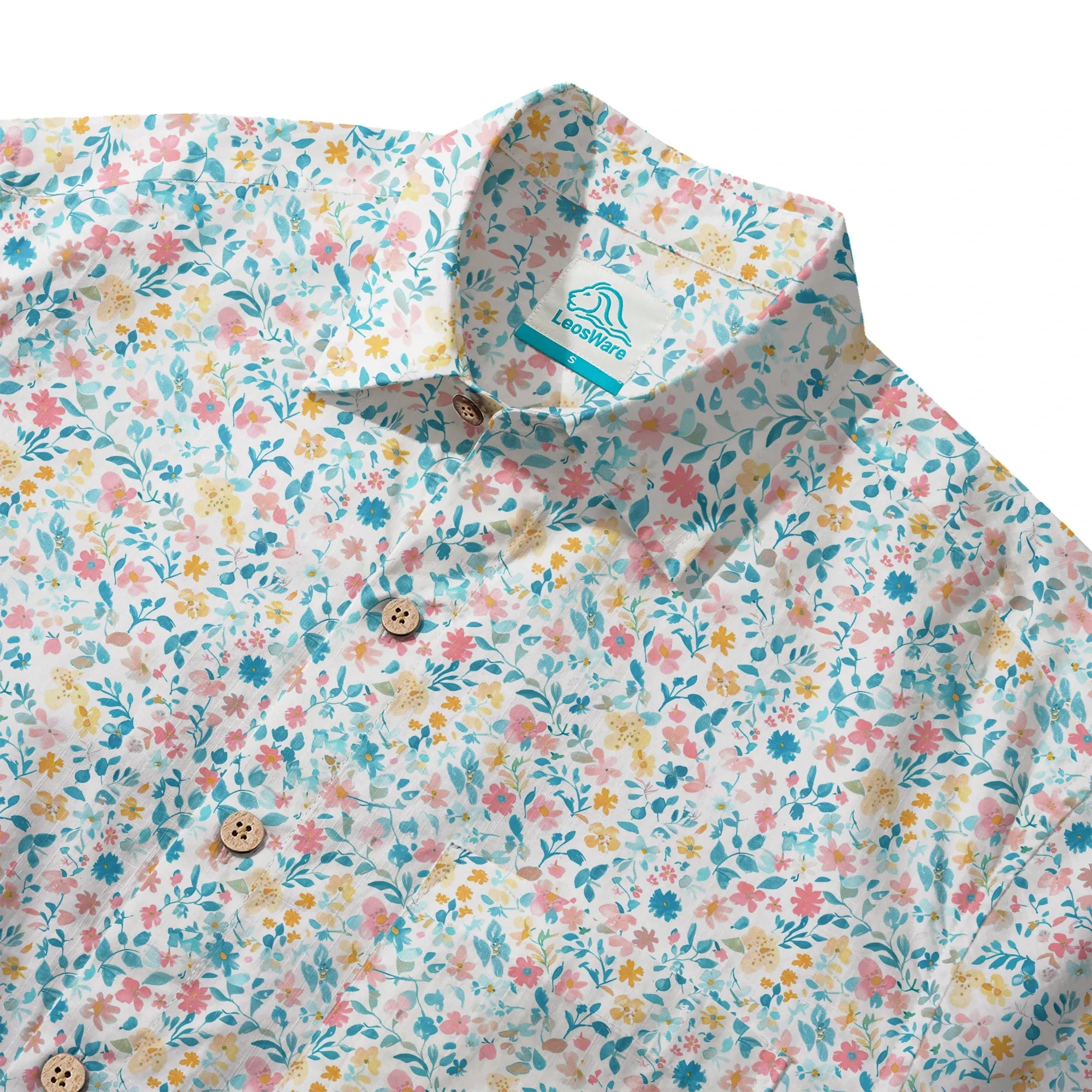 LeosWare® Flower Men's Hawaiian Shirt Short Sleeve Button-up 100% Cotton Beige Aloha Spring Whispers