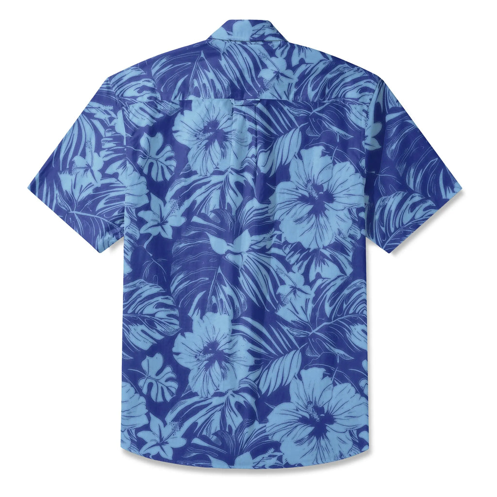 LeosWare® Hibiscus Flower Men's Hawaiian Shirt Short Sleeve Button-up 100% Cotton Blue Aloha Blue Serenity