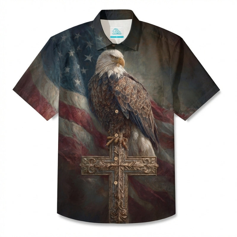 LeosWare® Men's Hawaiian Shirt Short Sleeve Button-up Breathable & Quick-Dry Aloha American Eagle And Cross