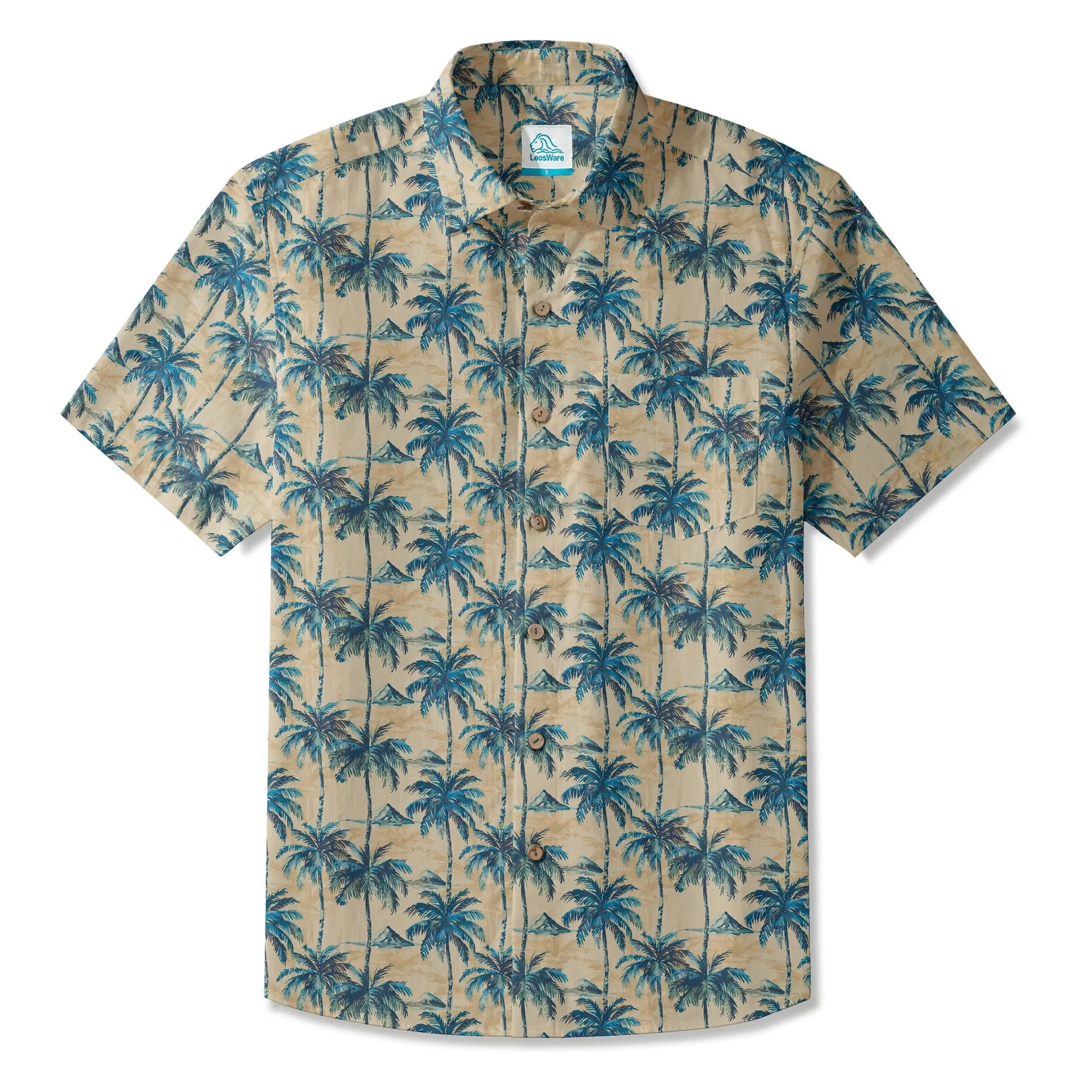 LeosWare® Men's Hawaiian Shirt Short Sleeve Button-up 100% Cotton Blue Aloha Blue Coconut Island Shadow